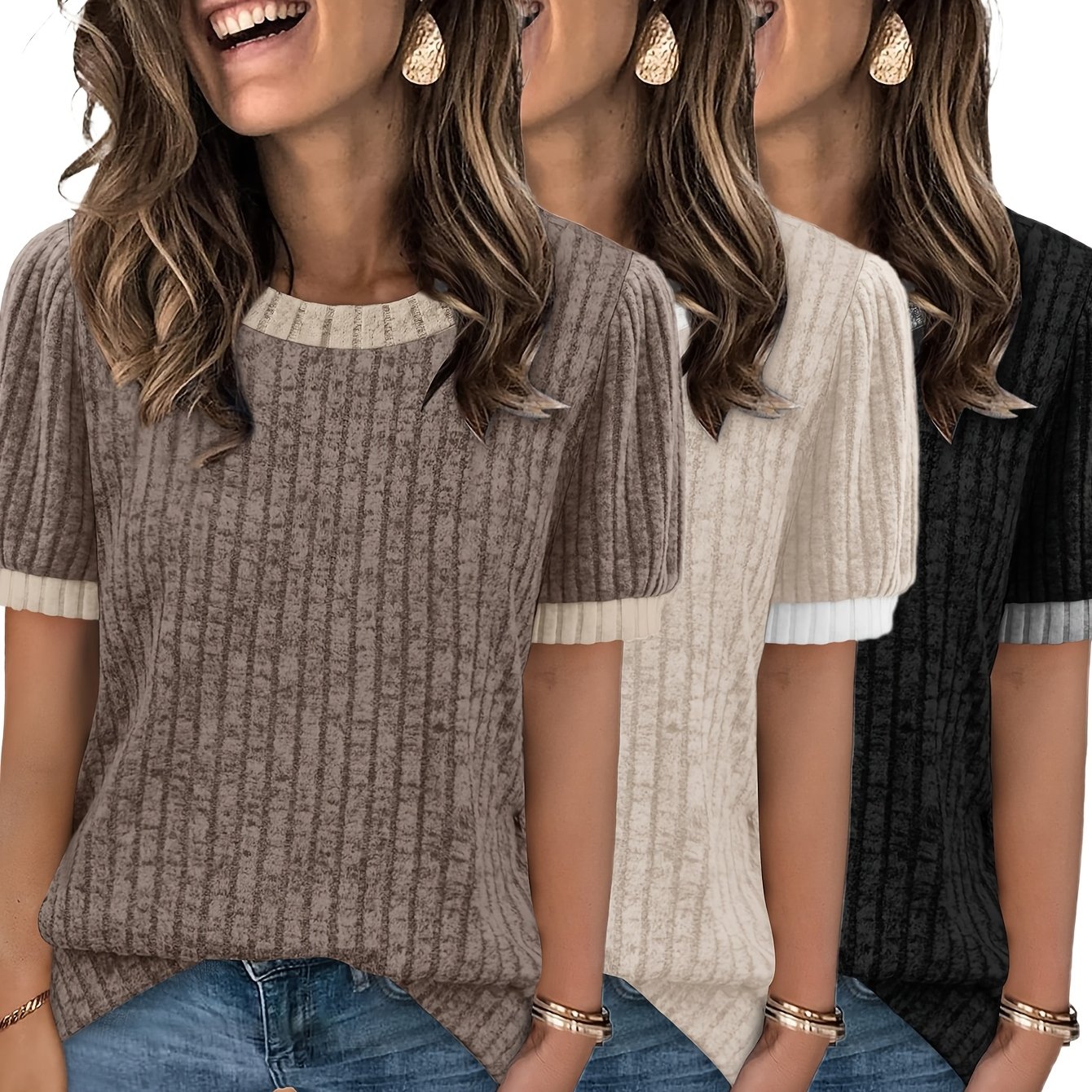 E-shop Damenmode Top 3er Set, Bequemes Lässiges Basic Shirt, Elegantes Rundhals Color-Block T-Shirt, Lockerer Kurzarm Pullover
