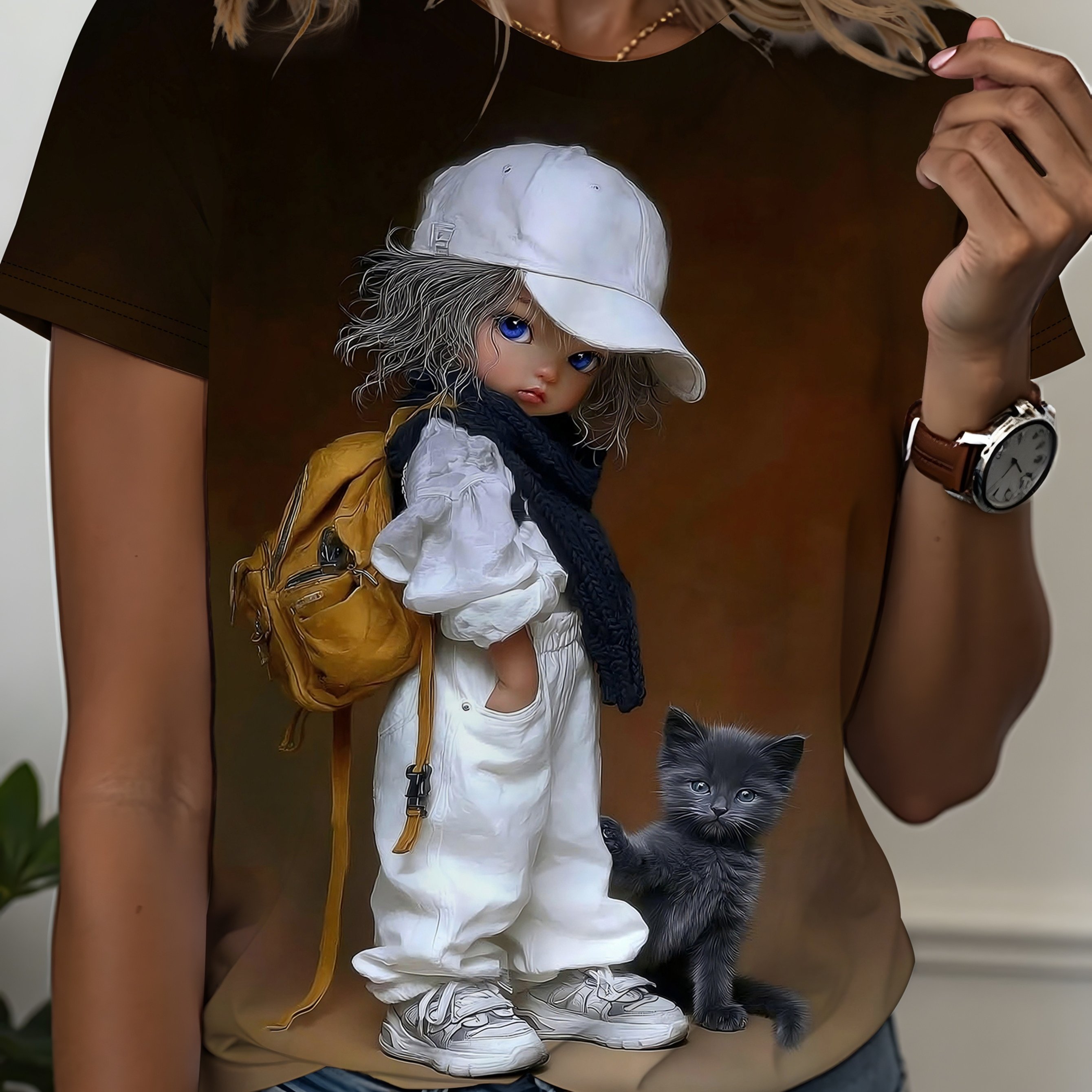E-shop 3D Cartoon Niedliches und Schwarzes Katzen-Print T-Shirt, Damen Retro Stil Kurzarm Top, Modisches und Vielseitiges Freizeit Top