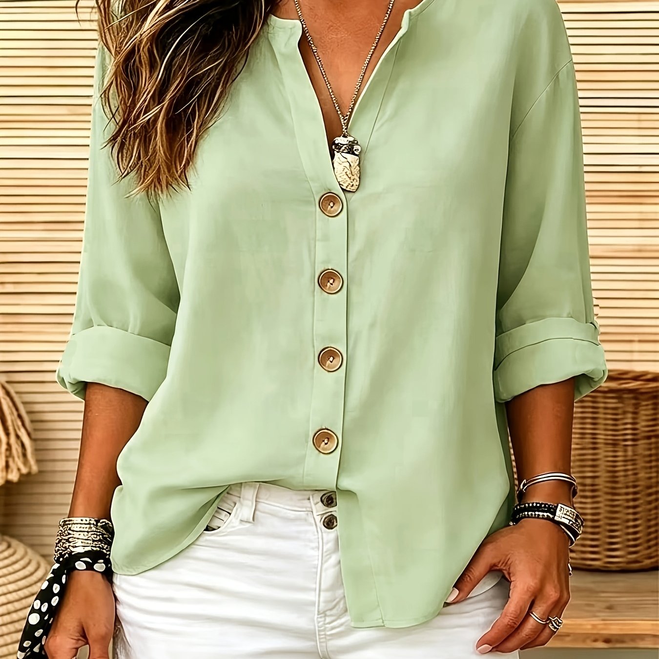 TEMU Solid Color Shirt, Round Neck Button-up, Loose Fit, Casual Wear, Spring Summer Women's Shirt