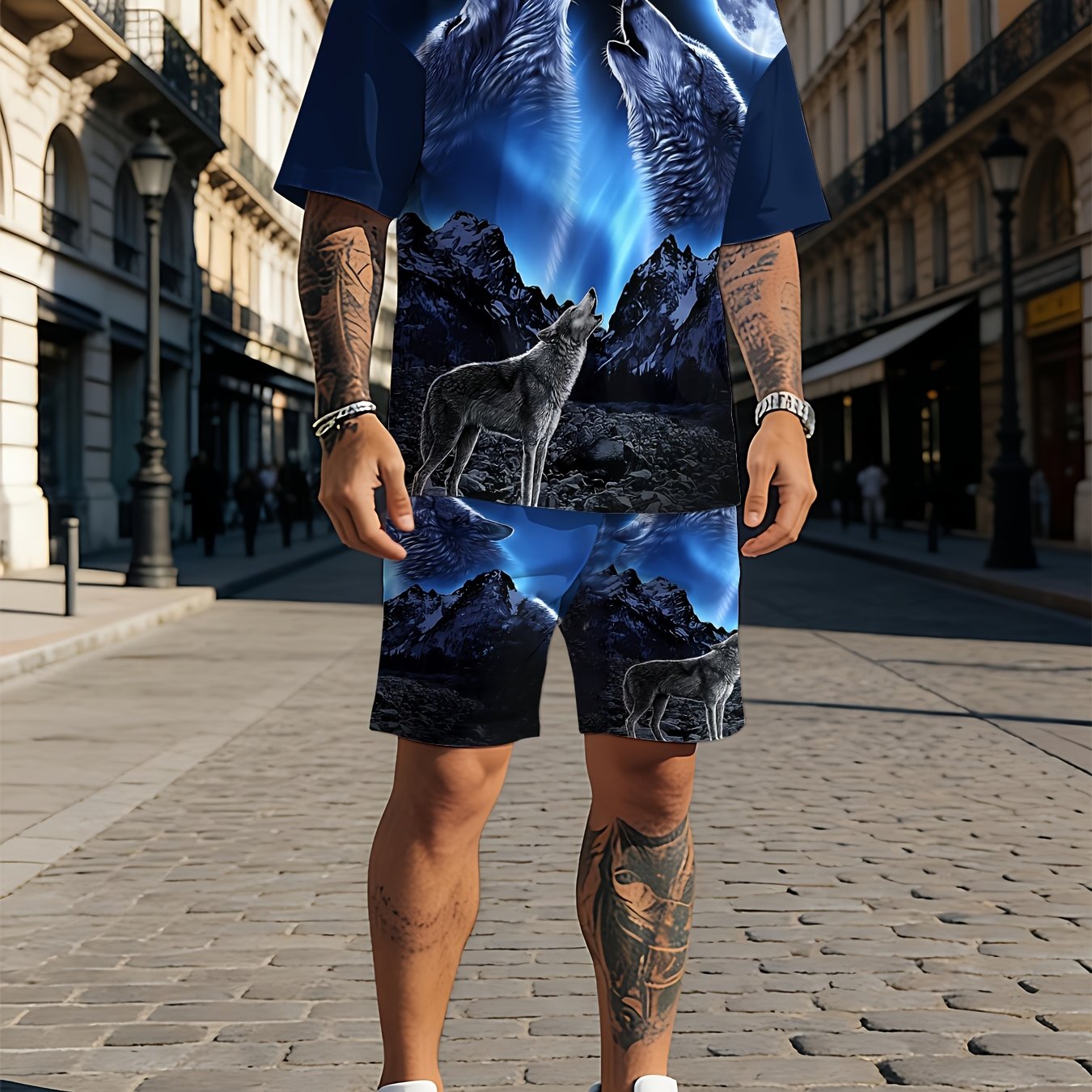 TEMU Men's Summer Fashion Casual Set, Featuring A Wolf Print Design On Neck Short-sleeve T-shirt And Casual Sport Shorts, A 2pcs Set Suitable For