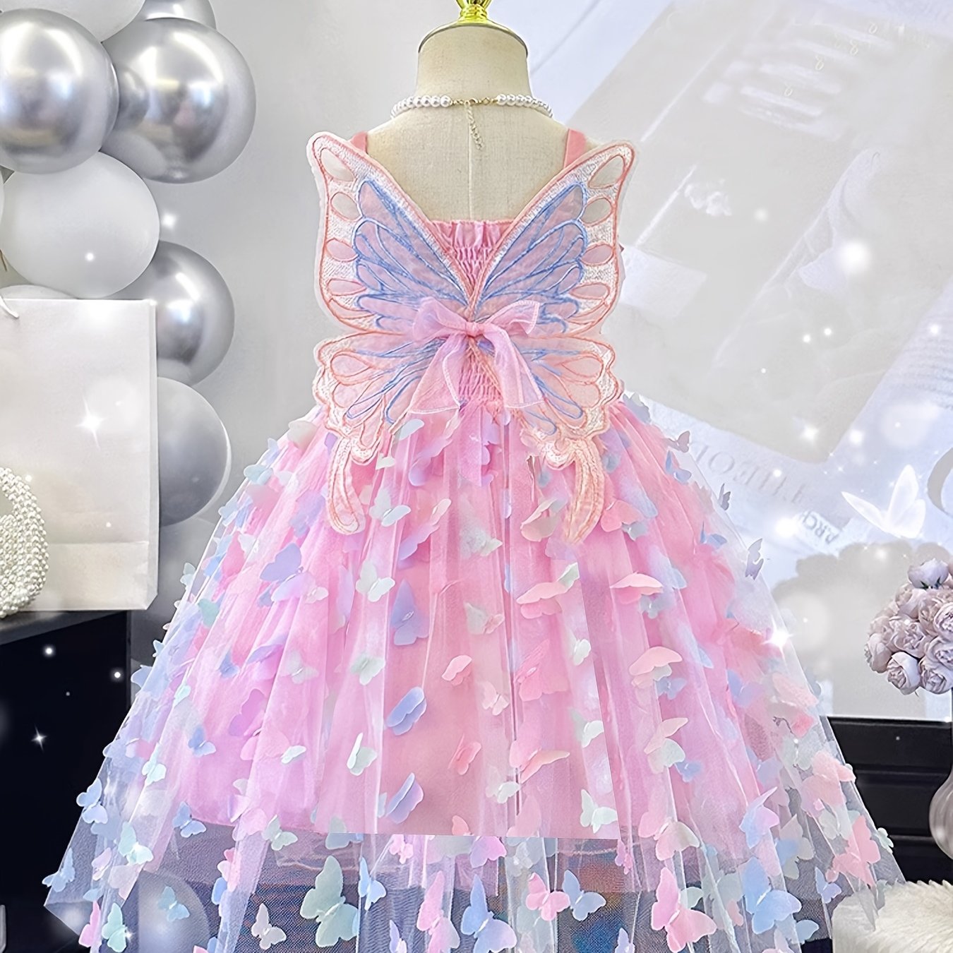 Image of Girls' Summer Camisole Dress With Decorative Large Butterflies, Fashionable Princess Dress, Children' Gown, Tulle Puff Dress For Girls