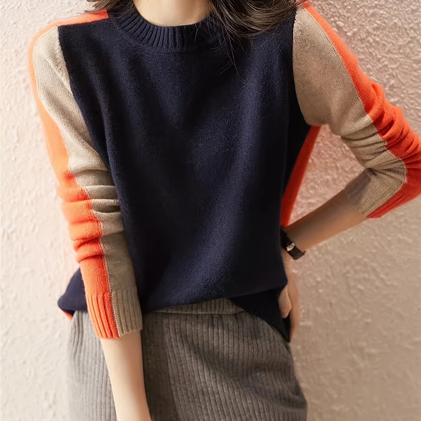 TEMU Women's Color Block Crew Neck Sweater, Casual Knit Pullover With Medium Stretch, Long Sleeve Viscose Blend Top For All , 350g/m² Fabric Weight