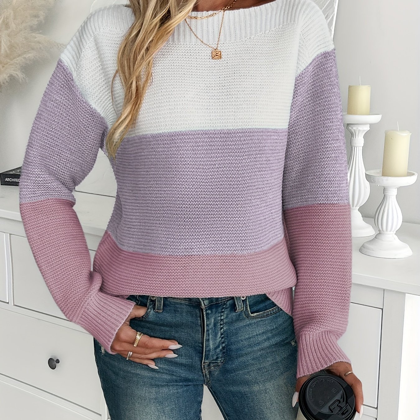 Women's Casual Acrylic Knit Sweater, Solid Color Block, Long Sleeve, Off The Shoulder, Medium Stretch, Fall/winter Pullovers, 330g/m² Fabric Weight, Regular Fit
