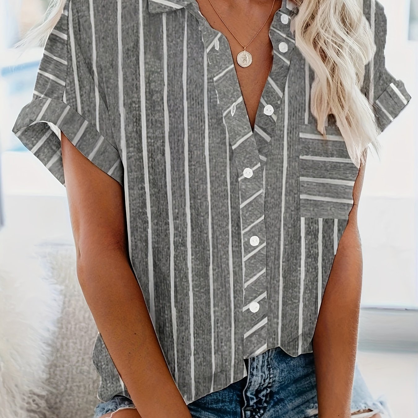 Image of Loose Striped Collared Short Sleeve Shirt