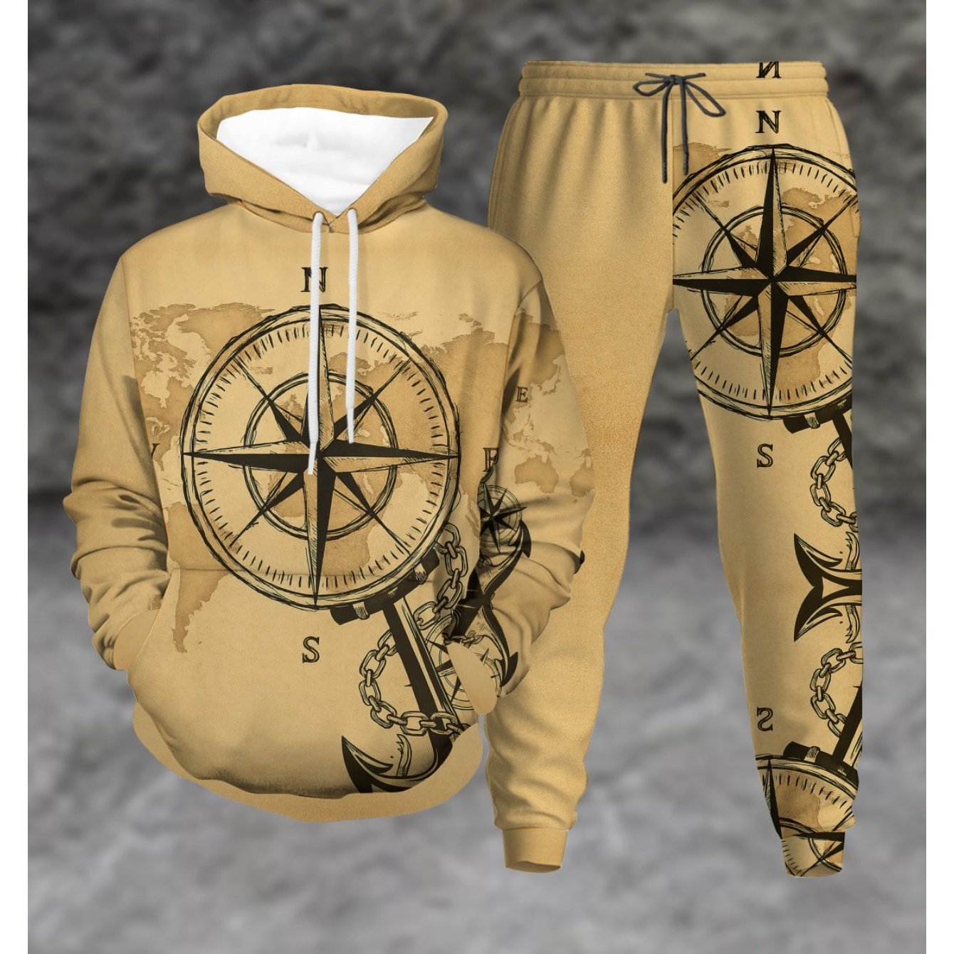 Image of Hooded Sweatshirt And Jogger Pants Set Vintage Nautical Style Compass Rose World Map Anchor Chain Pattern Men's Fashion Fall Winter Trendy Outfit For Adults Men Casual Wear Street Style Holiday Gift