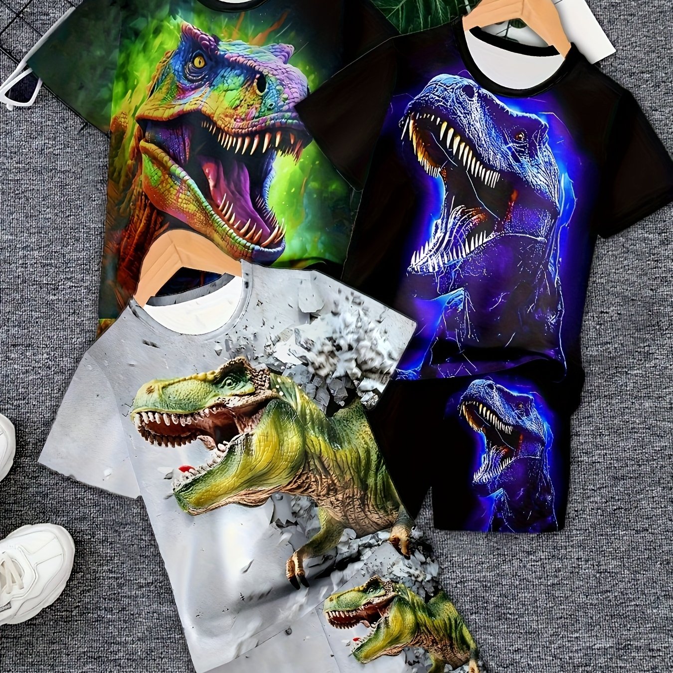 6pcs ' Outfit Featuring A Stylish 3d Printed Casual Pullover With Short Sleeves And Shorts, Along With A Dinosaur-themed Outdoor T-shirt And Shorts Set, For Outdoor