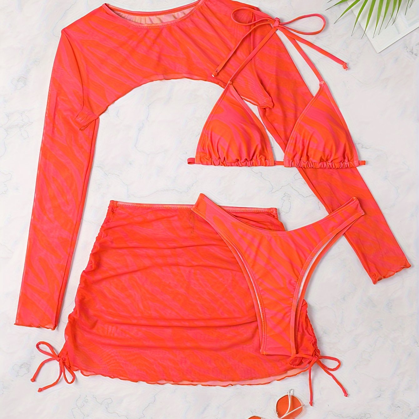 Image of Zebra Print High Stretch Hot 4 Piece Set Swimsuits, Triangle Halter Tie Strap Bikini With Long Sleeve Up Shrug & Drawstring Wrap Skirt, Women's Swimwear & Clothing