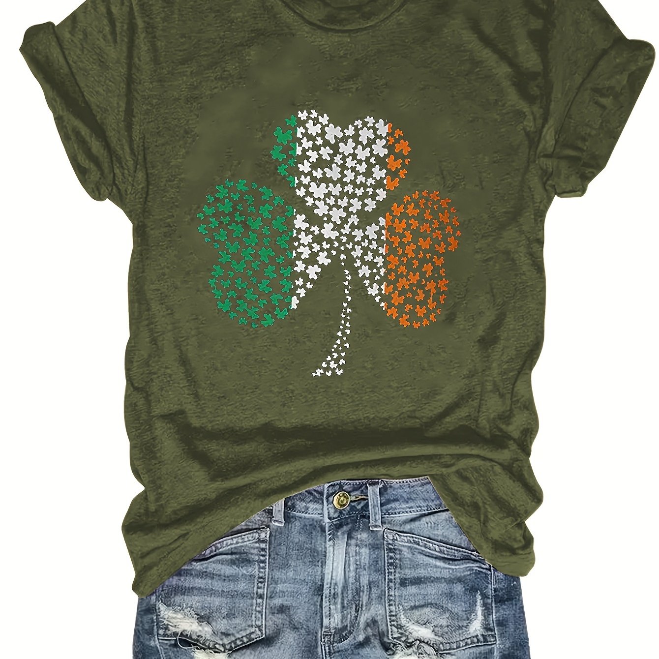 TEMU Women's 's Day Clover T-shirt - Short Sleeve Round Neck Casual Blouse With Clover Print, Spring Summer Irish-themed Outfit, Machine Washable H-