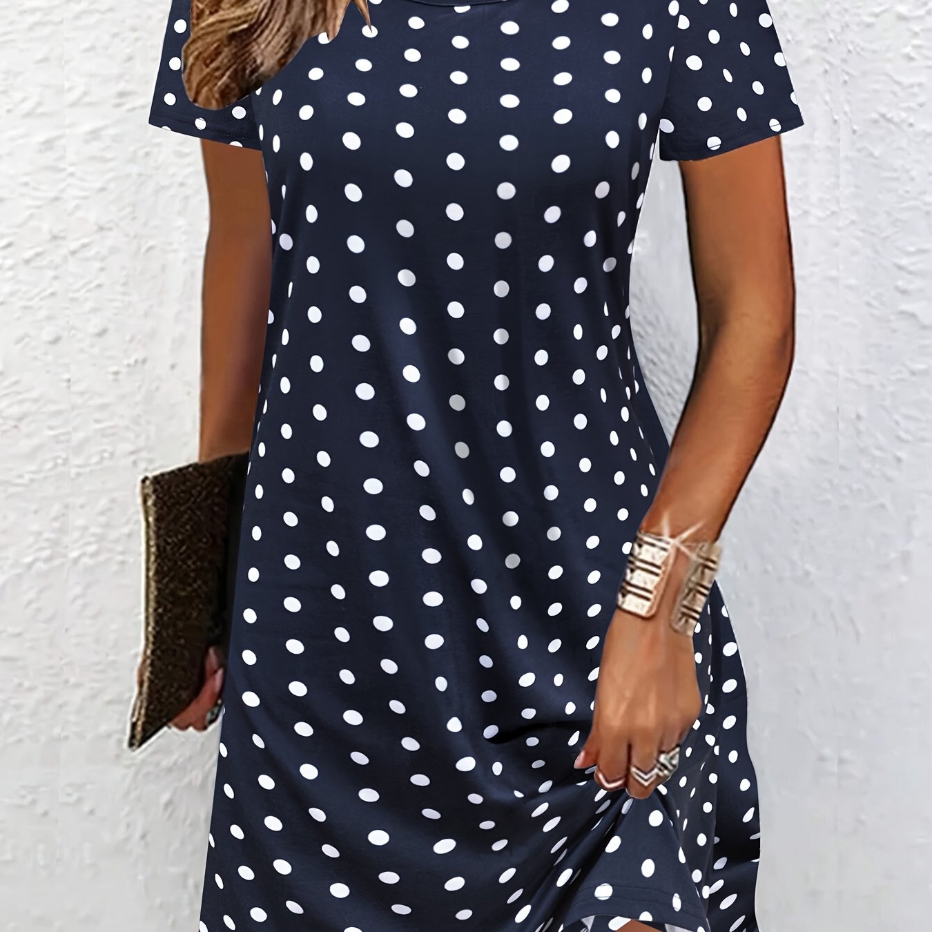Image of 2d Print Elegant Casual Fashion Abstract Painting Regular Dot Print Graphic Breathable Round Neck Short Sleeve T-shirt Dress, New Women's Casual Skirt, Elegant Vacation Women's Top A-line Midi Dress