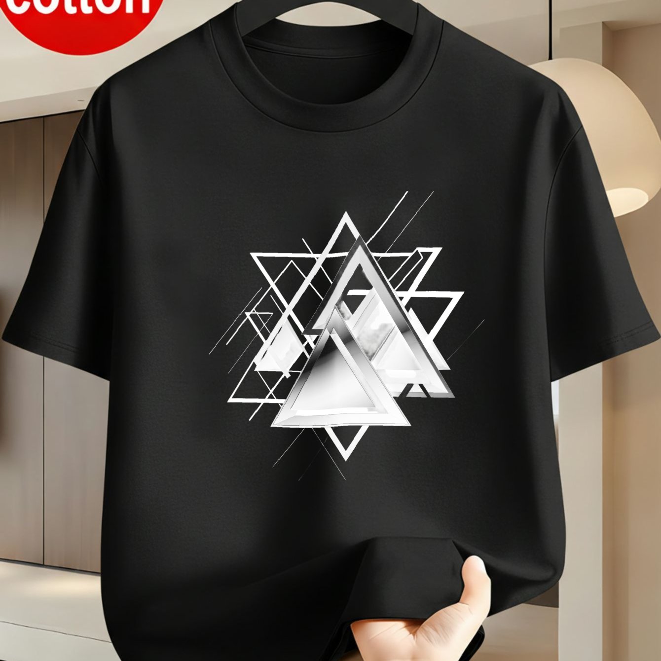 Image of Men Geometric Abstract Triangle Print T Shirt White Modern Cotton Casual Daily Wear Streetwear Top