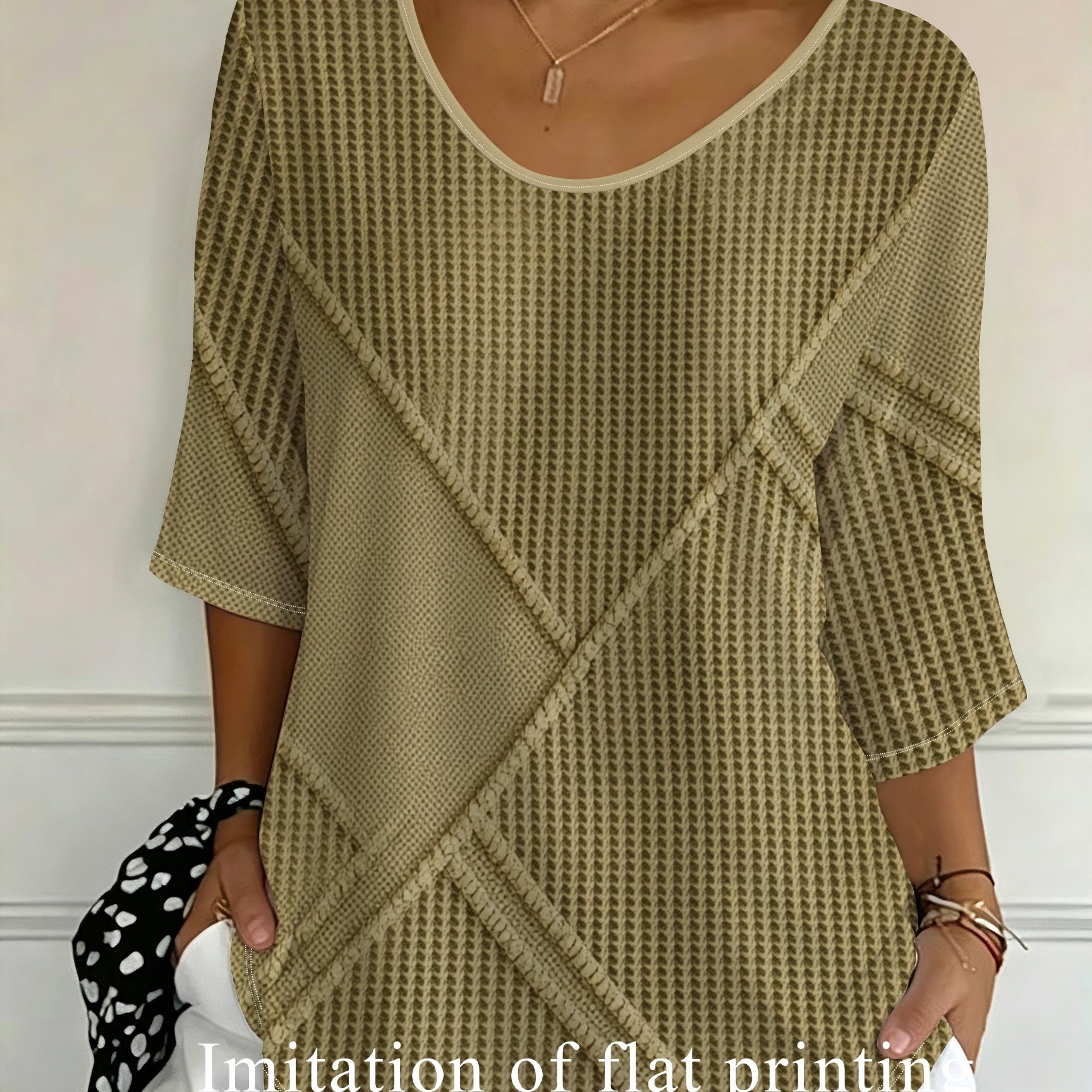 TEMU Printed Design, No . Plus-size Women's Khaki Waffle Weave Twill Spliced Large Round Neck Mid-sleeve T-shirt. Textured Print Loose Casual Top