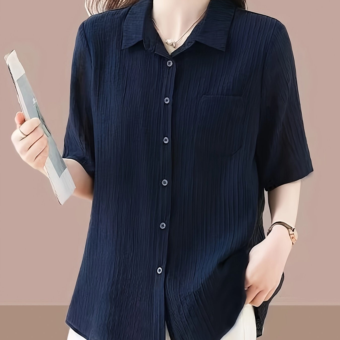 TEMU 夏ファッション カジュイル 若見えトップス シンプルでスマートな縦縞 シングルポケット ラペル 半袖シャツ レディース