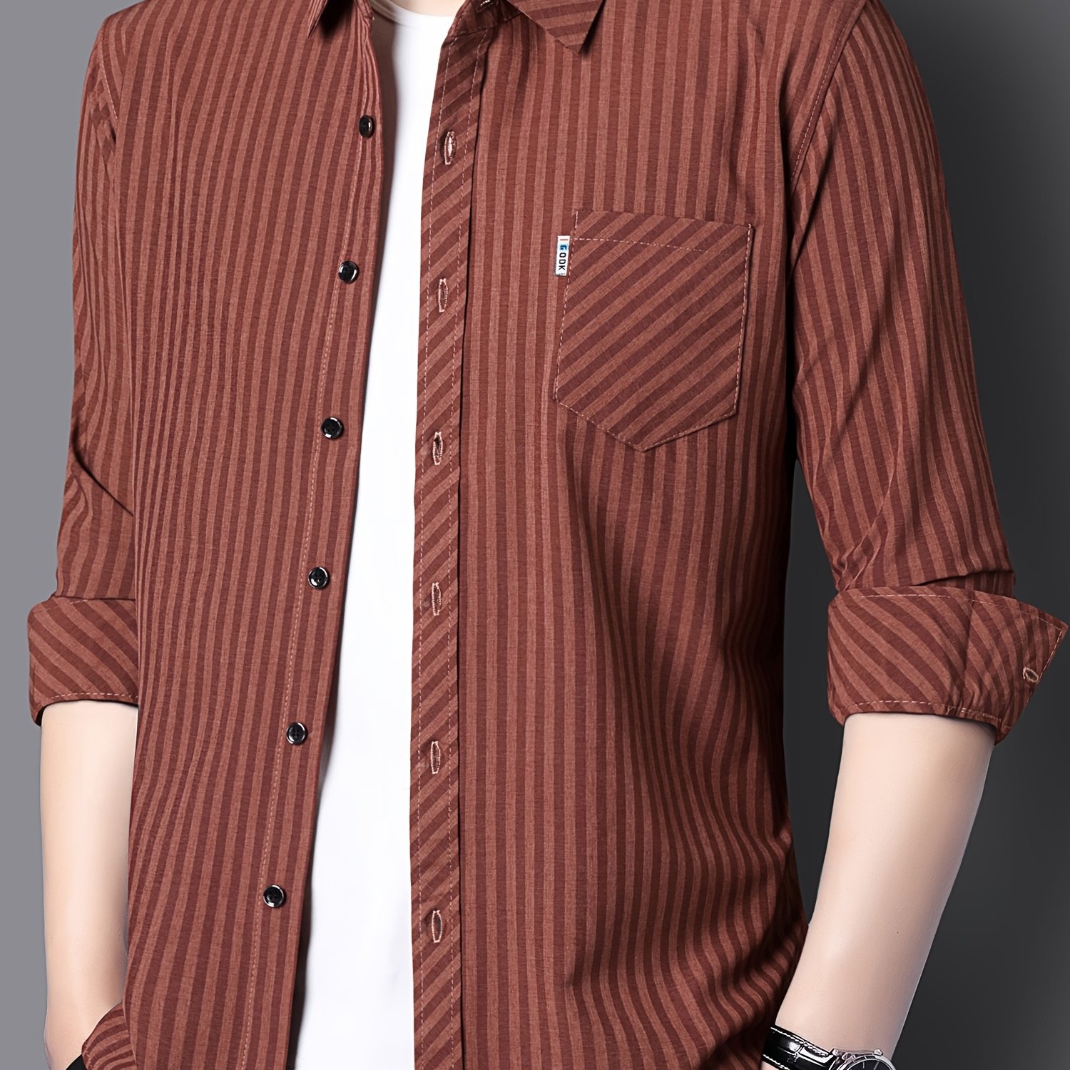 TEMU 2026 New Year Men's Striped Long-sleeve Shirt, Casual Lapel Business Commuter Versatile Top With Pockets, Breathable