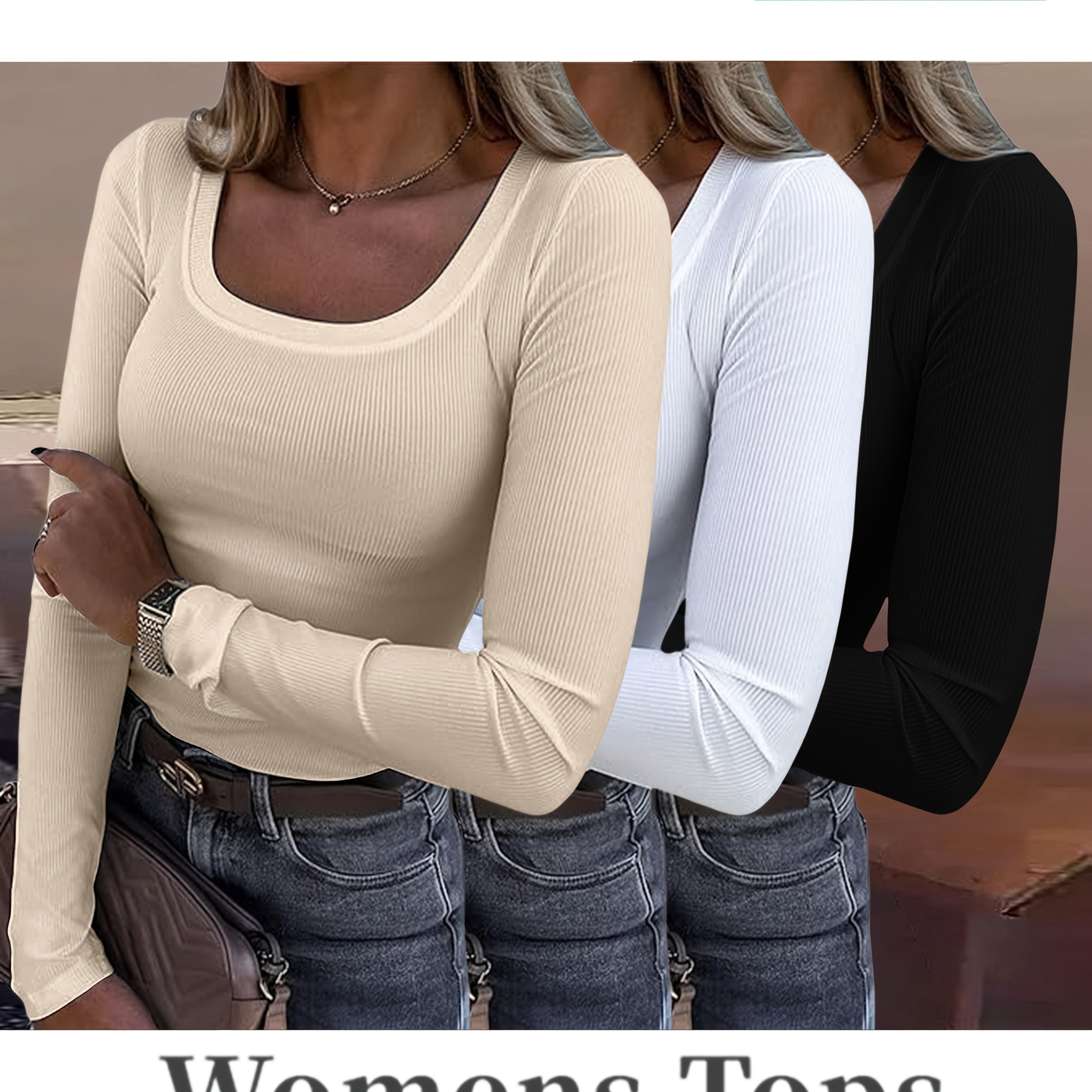 Three-piece Set Women' Color Square Neck Long Sleeve Ribbed Slim-fit Versatile -friendly Base Layer