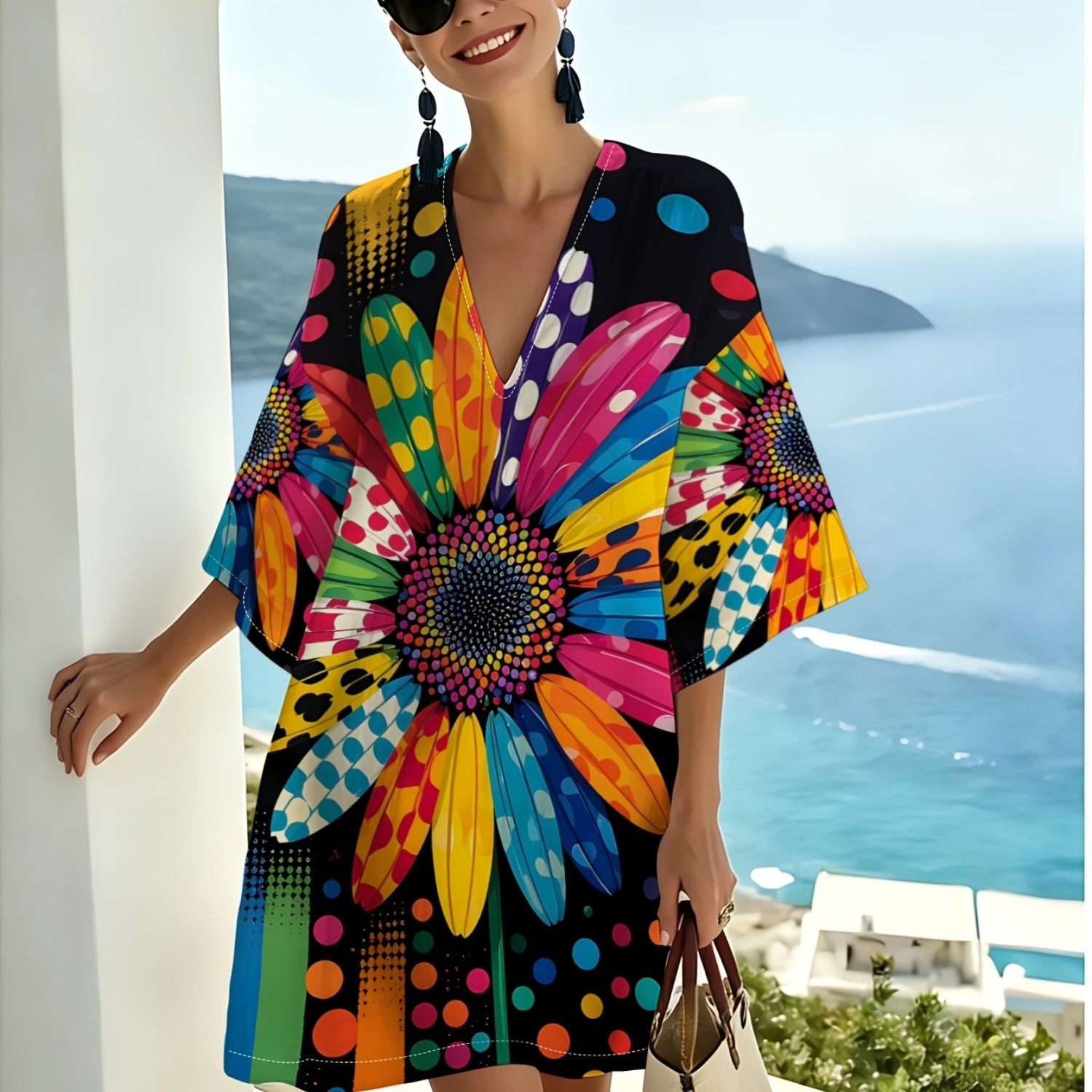 TEMU Black Background Colorful Polka Dot Sunflower Large Flower Printed Women's V-neck Dress Trendy Cool Individual Loose Beach Cover-up