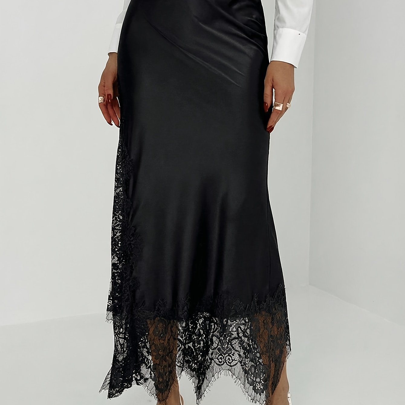 TEMU &xie Women's Elegant Mermaid Skirt With Lace & Eyelash Hem - Half-length Suitable For Daily Wear, Commuting, Office, Semi-formal - Machine