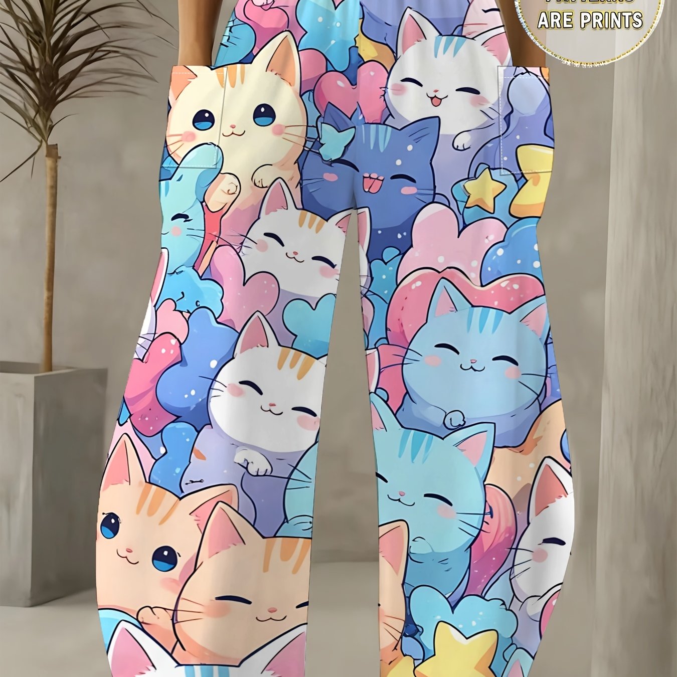 TEMU Macaron Cute Cat Print Wide-leg Pants, Soft And Cute Cats, Colorful Heart And Star Prints, Contrasting Loose And Fashionable Casual Pants