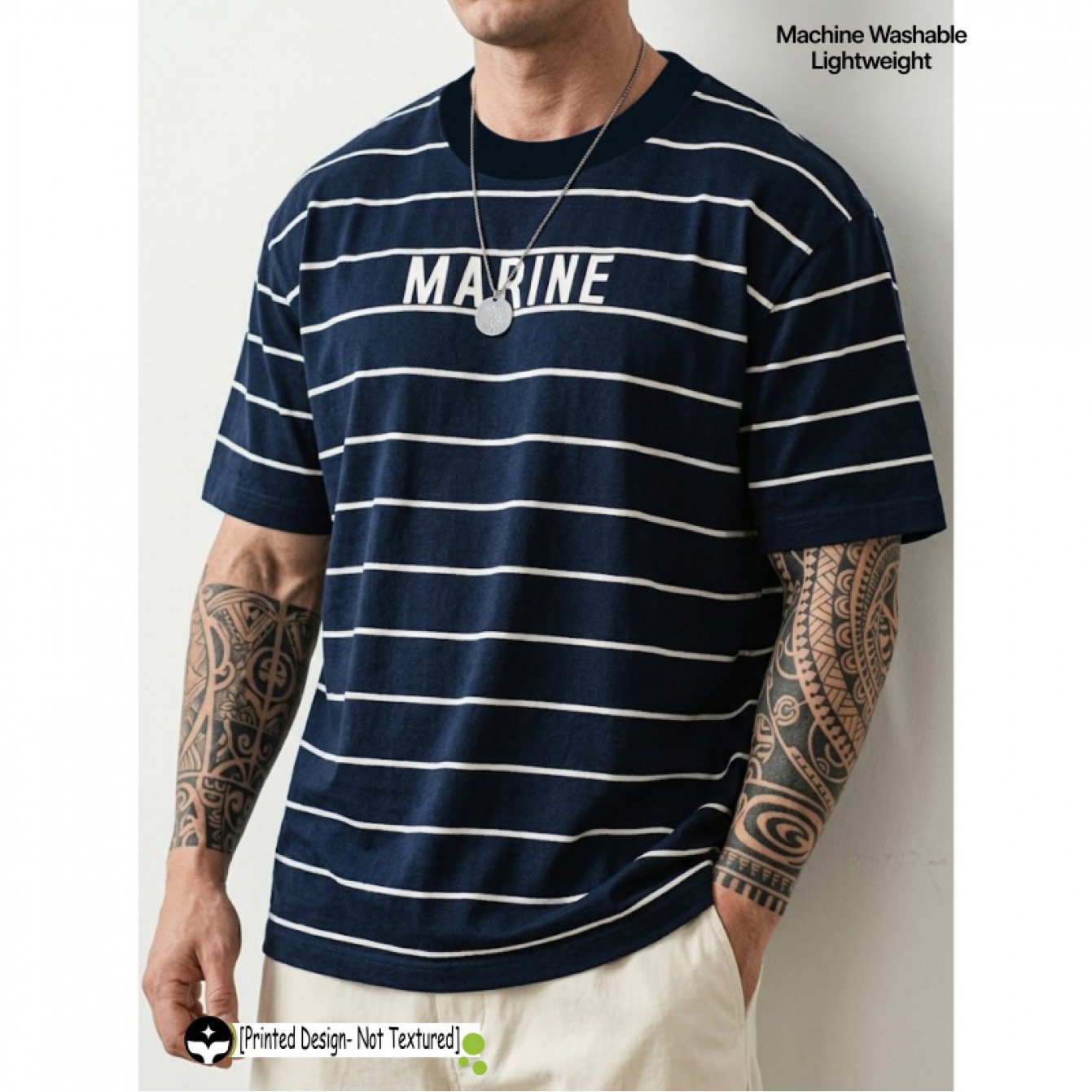 TEMU [printed Design-nottextured]printed T-shirt- Navy Base With Thin And "marine" Letter Design- Breathable Fabric Crew Neck Short Sleeves-