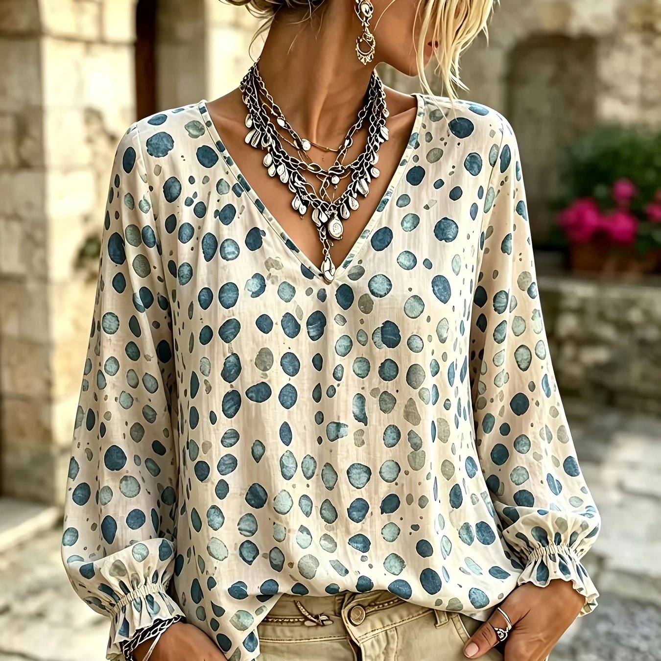 TEMU Fashion Women's Long Sleeve Printed Shirt, Spring/autumn Versatile Lantern Sleeve Blouse, V-neck Long Sleeve Top, Elegant Ladies' Fashion Shirt,