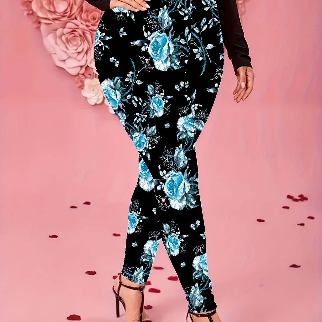 TEMU Plus Size, Valentine's Size Floral Print Leggings, Casual Everyday Stretch Leggings, Women's Plus Size Clothing
