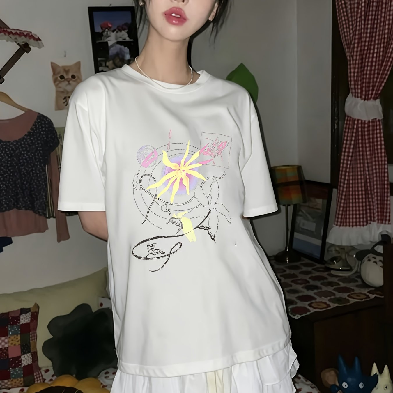 TEMU 고정 방향 나비 눈물 햇빛 패턴 프린트 한국 일본 스타일 이지 유니섹스 루즈 티셔츠 봄 여름 신상