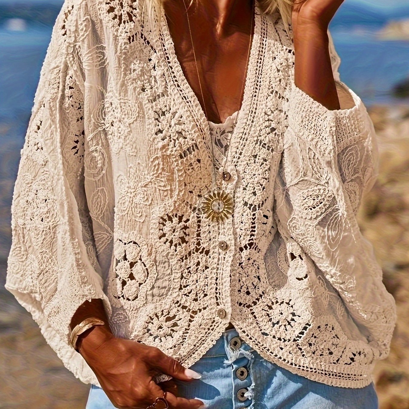 Image of Bohemian Women's Beach Cover-up Embroidered Openwork Cardigan With Batwing Sleeves, Thin Casual Outerwear Top