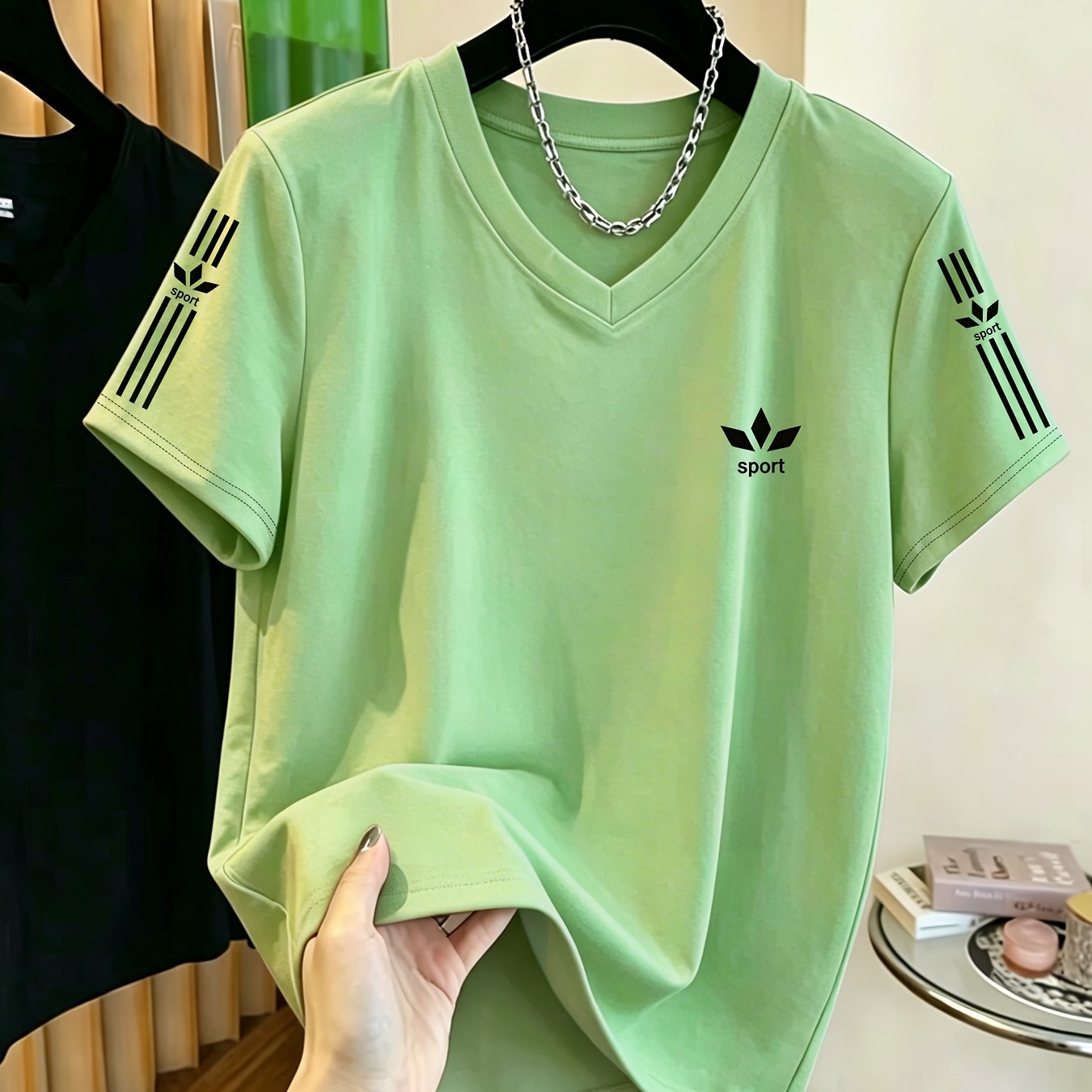 TEMU Trendy Style V-neck Short Sleeve T-shirt, Clover Print With Striped Design, And Versatile For Spring/summer Casual