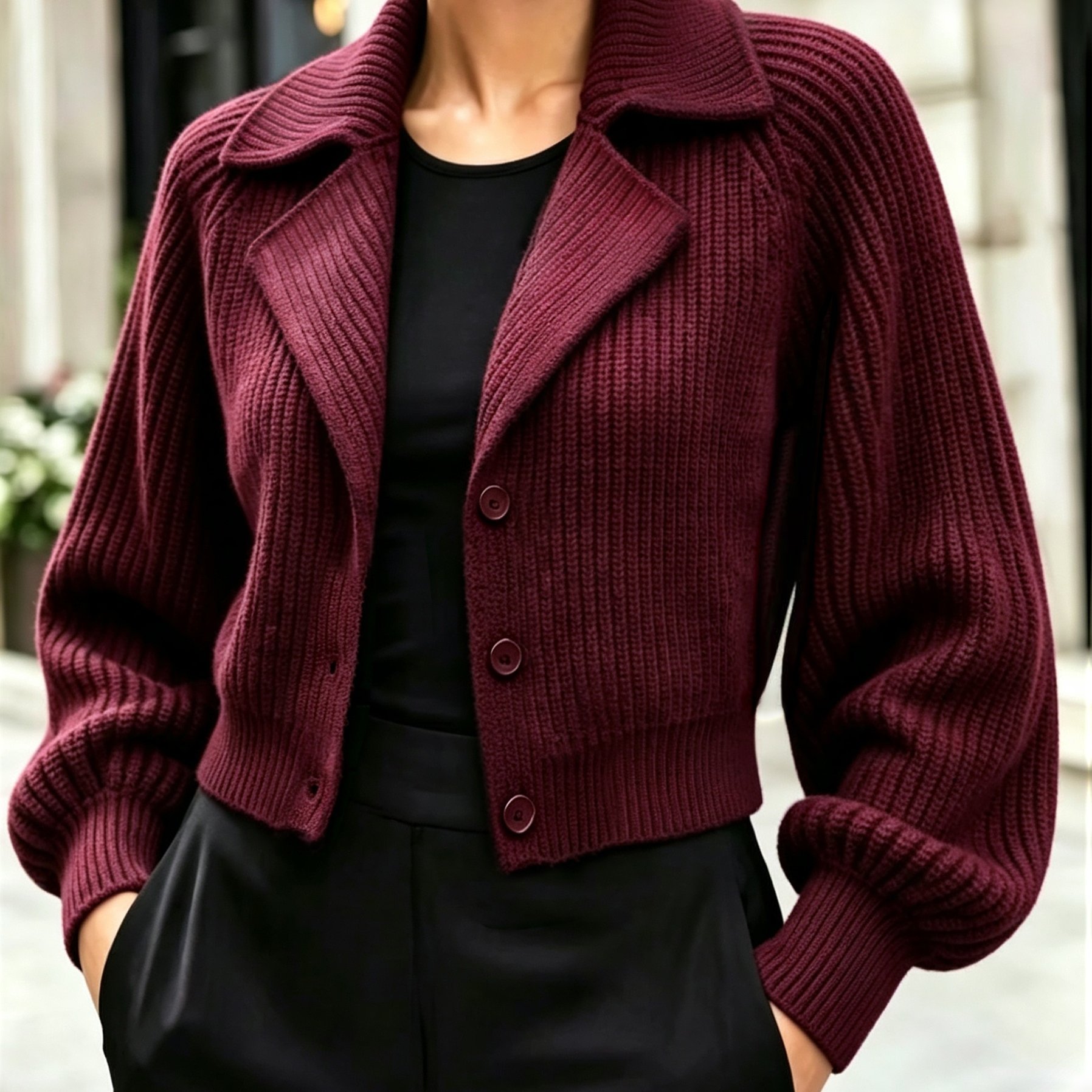 TEMU Bk260723019 Edition, Women's Autumn/winter Fabric Suit Lapel Elegant Cropped Cardigan, Soft, Thick, And Textured; Iconic Lantern Puff Long