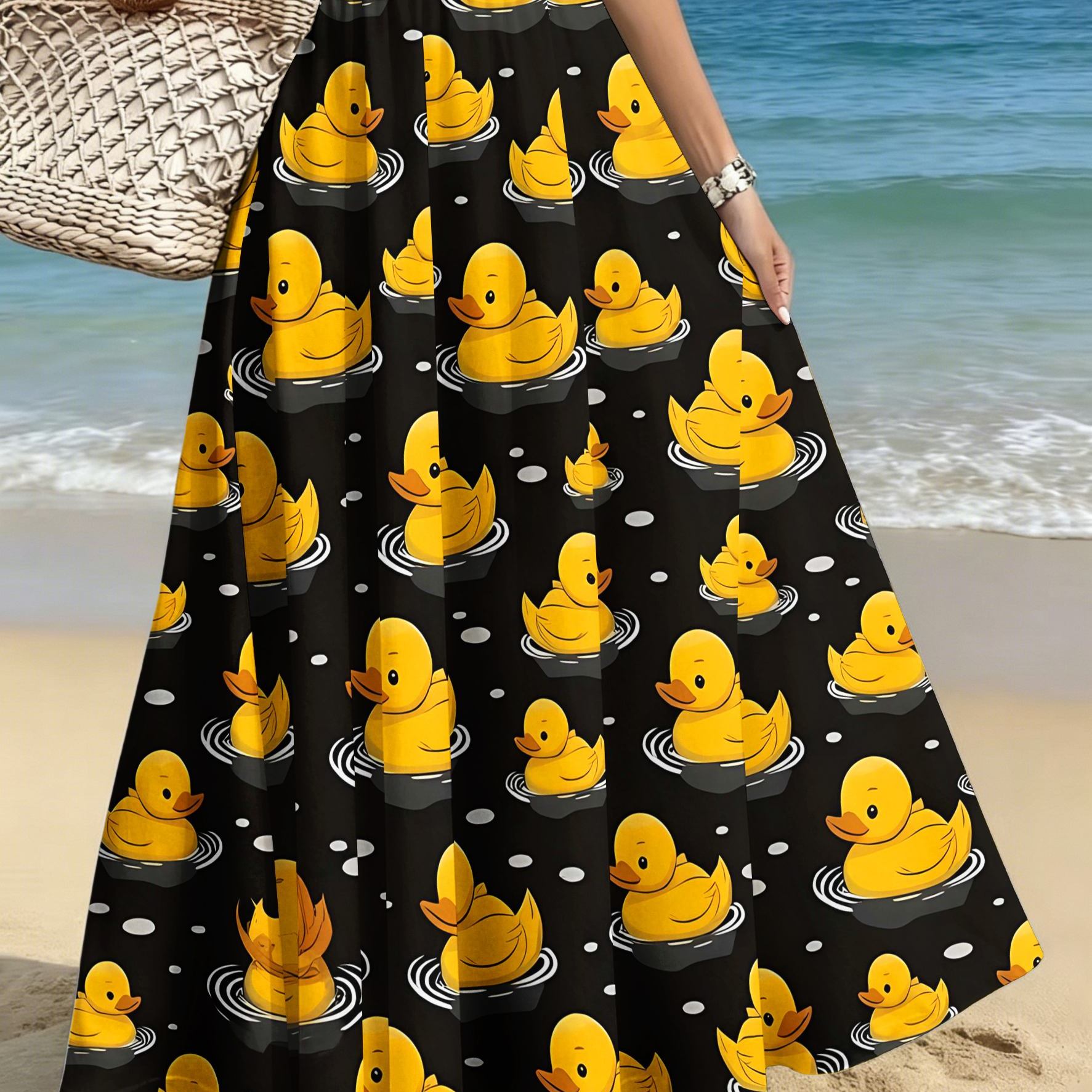 TEMU Plus-size Women's Elegant And Stylish Half Skirt, Casual Printed Midi Skirt, Little Yellow Duck Swimming Print Background, Skirt For