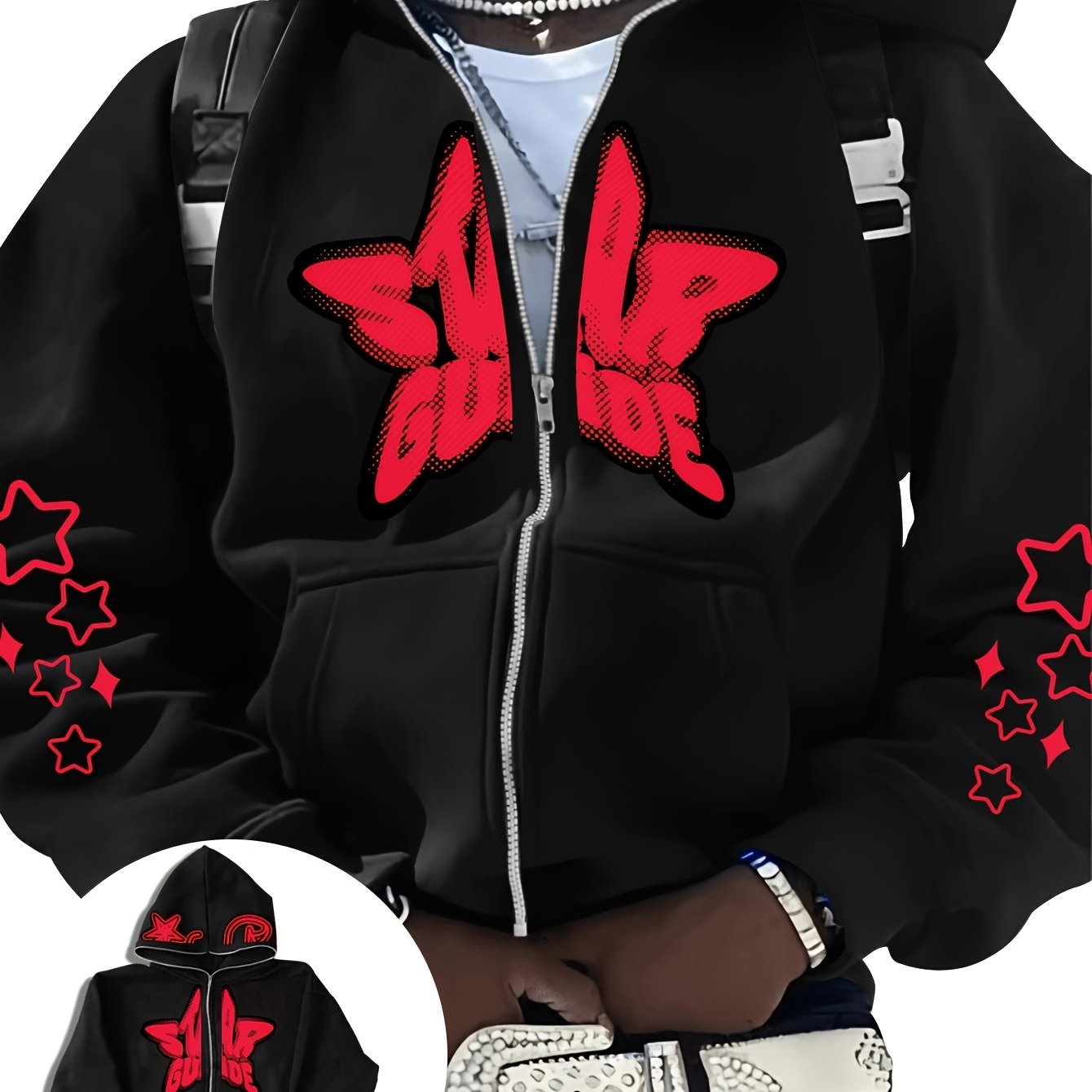 TEMU Men's Fashion Jacket: Trendy Long-zip Sweatshirt Design, Street-style Printed Pattern, Versatile And Casual Jacket With Belt For Styling