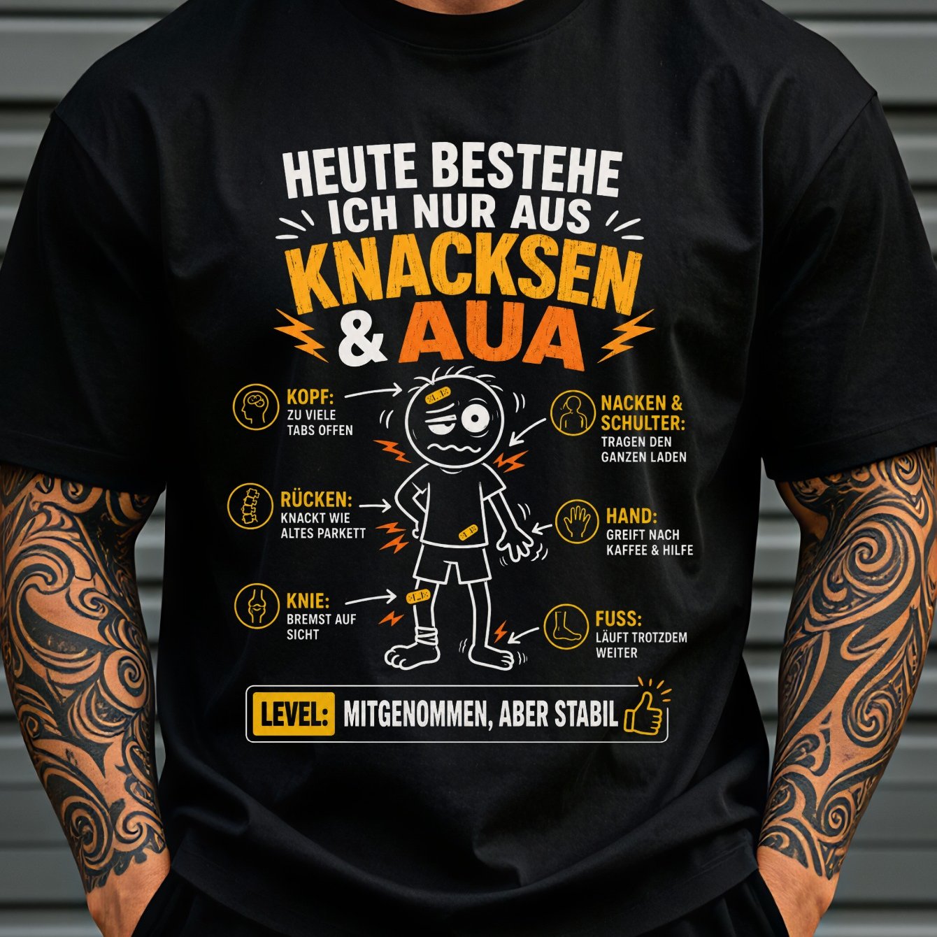 Men's T-shirt German Body Pain Humor T-shirt Heute Bestehe Ich Nur Aus Knacksen & Aua With Injured Cartoon For Man And Pain, Plus Size