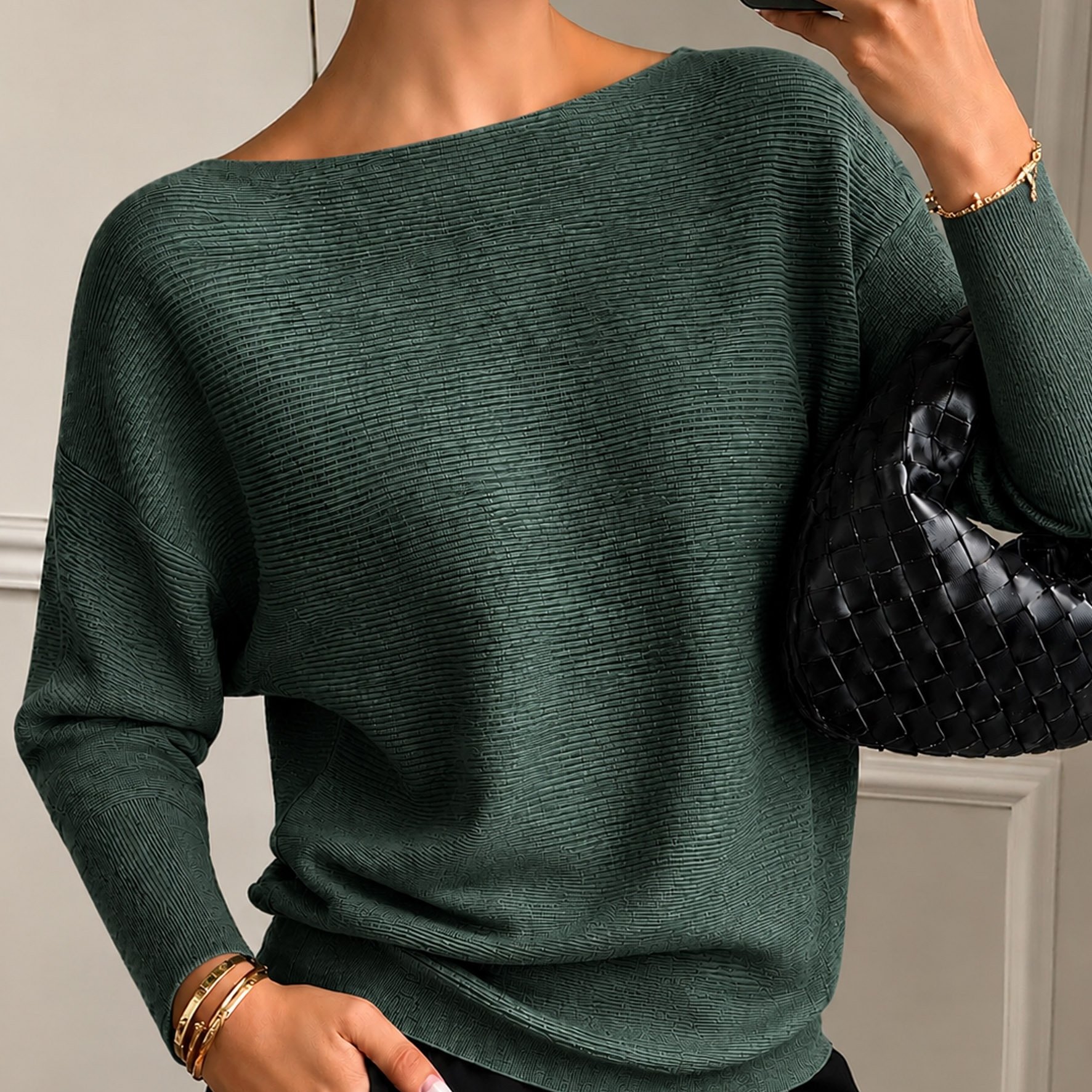 TEMU Solid Color Loose Round Neck Top, Long Sleeve Off-shoulder Pullover, Casual Everyday Blouse