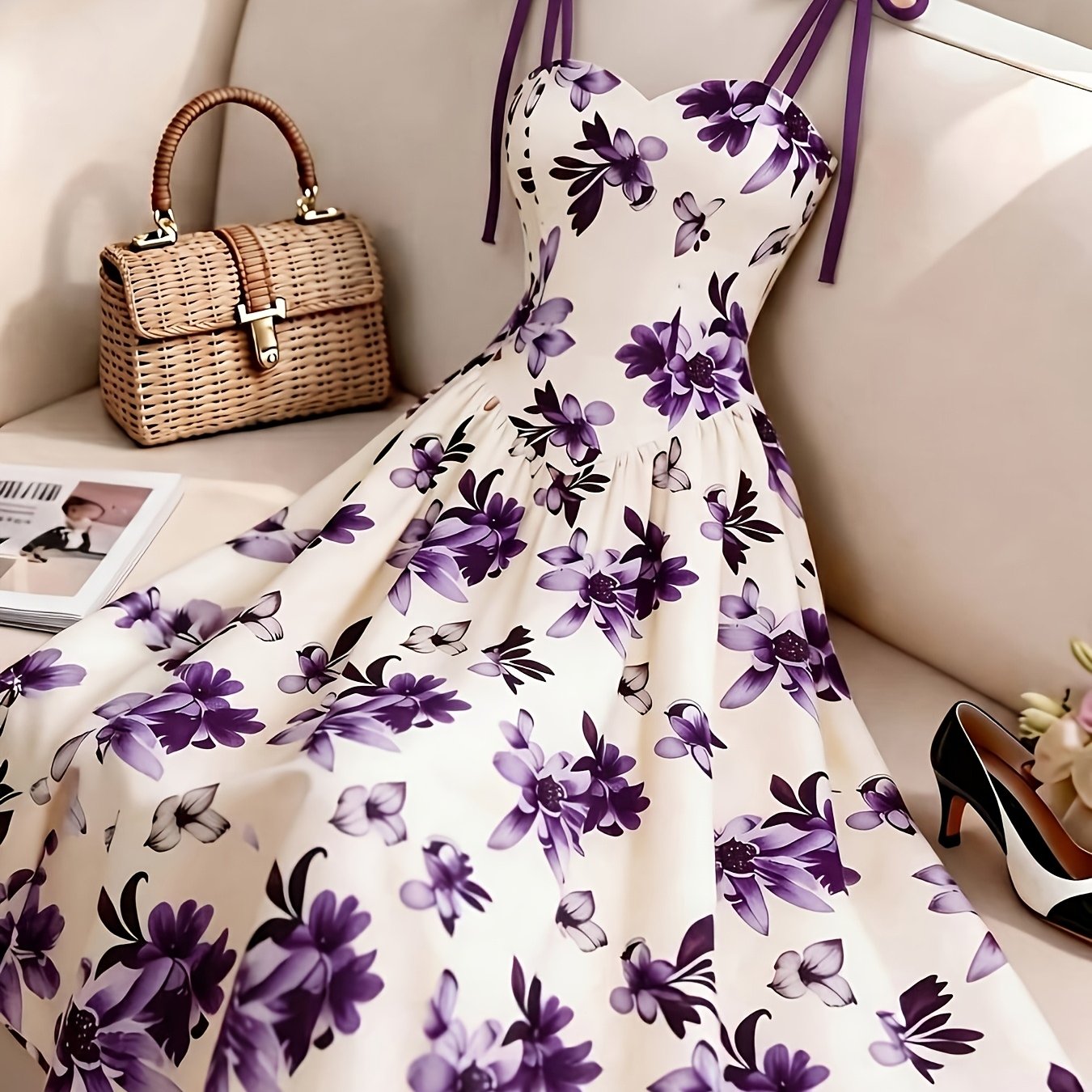 TEMU Women' Floral Print Thin Strap Waist-cinching A-line Maxi Dress, Elegant Bohemian Style, Suitable For Vacation, Daily Commute, Music Festivals,