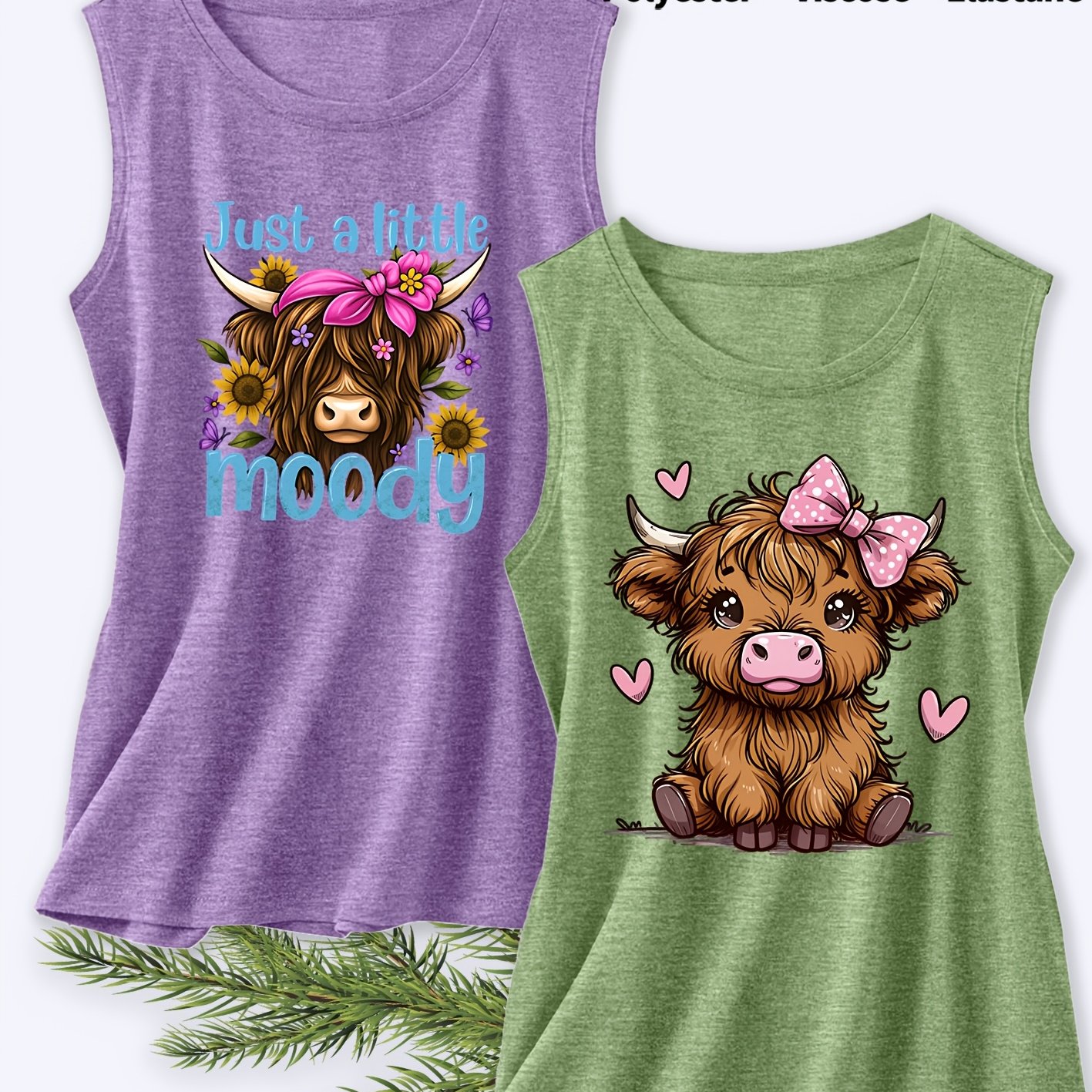TEMU Two-pack Women's Tank Tops, Highland Cow Cartoon Print, Elegant Summer Party Apparel, Sleeveless Vests, Summer Women's Must-have Fashion Item,
