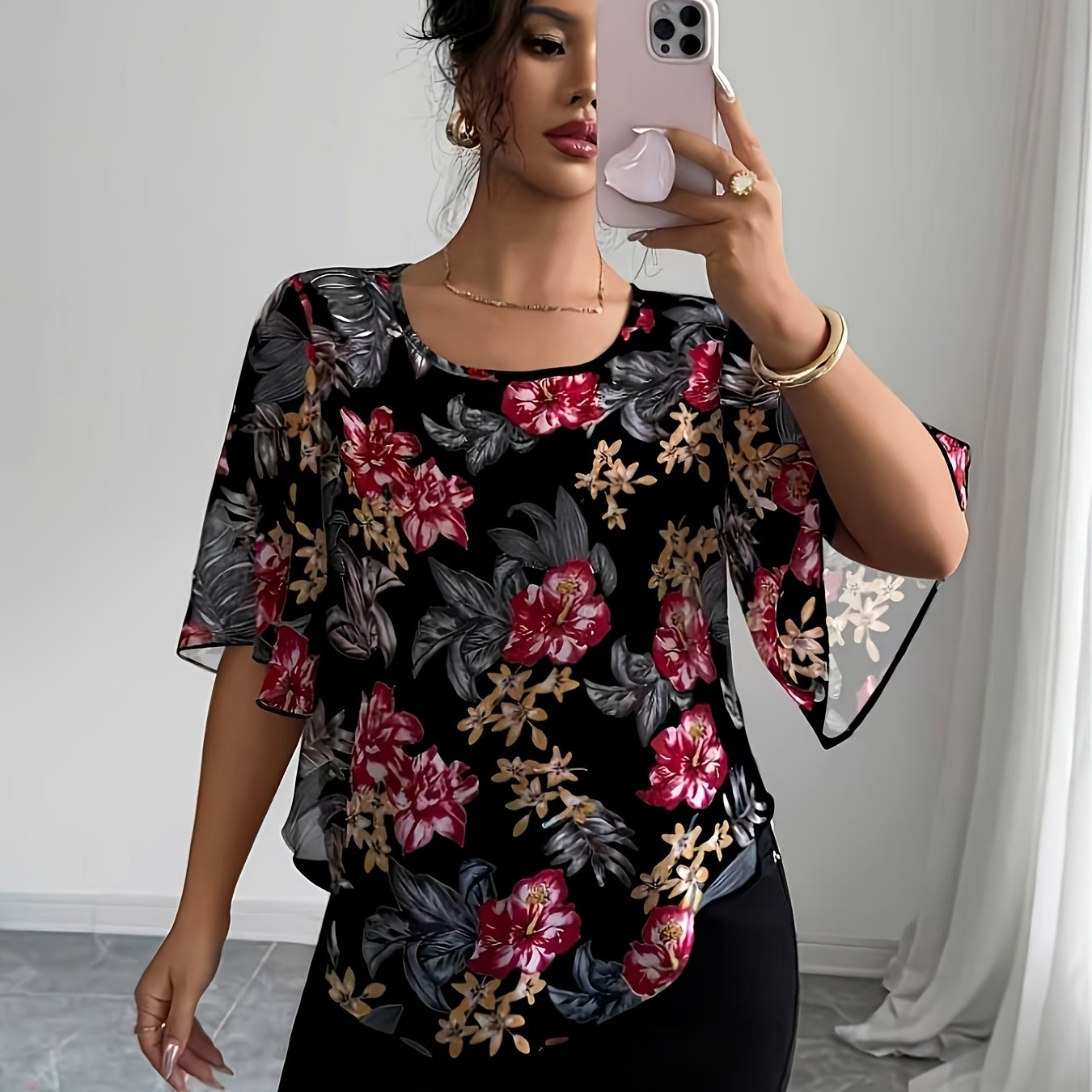 TEMU Women's Elegant Drapey Round Neck Flared Sleeve Short Sleeve Top Blouse, Precise Tailoring, Casual , Pair With Jeans, Lightweight Breathable,