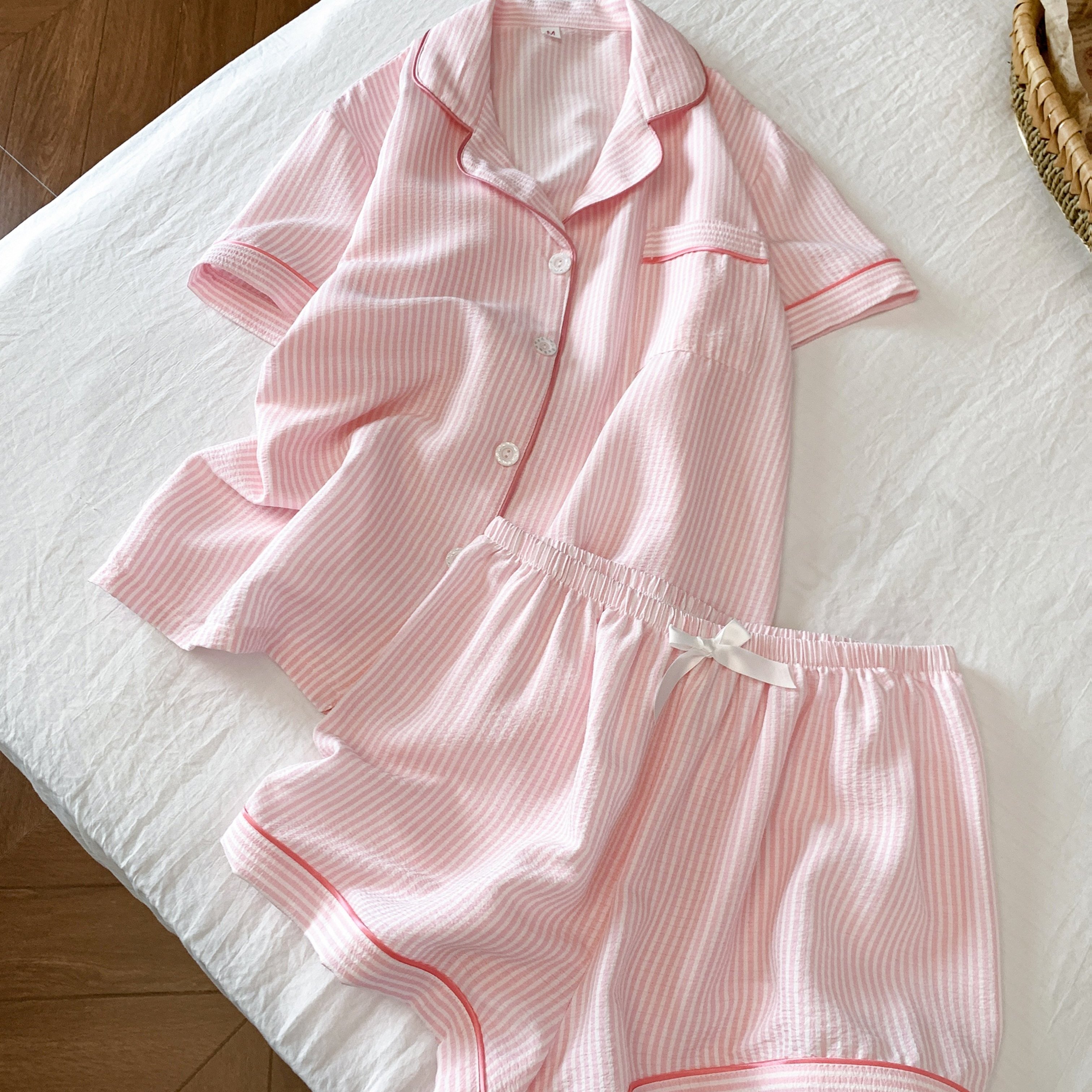 TEMU Women's Lapel-collar Pink And White Striped Pajama Set, Casual And Comfortable, With Soft -friendly Fabric, Suitable For Home And Outdoor Wear