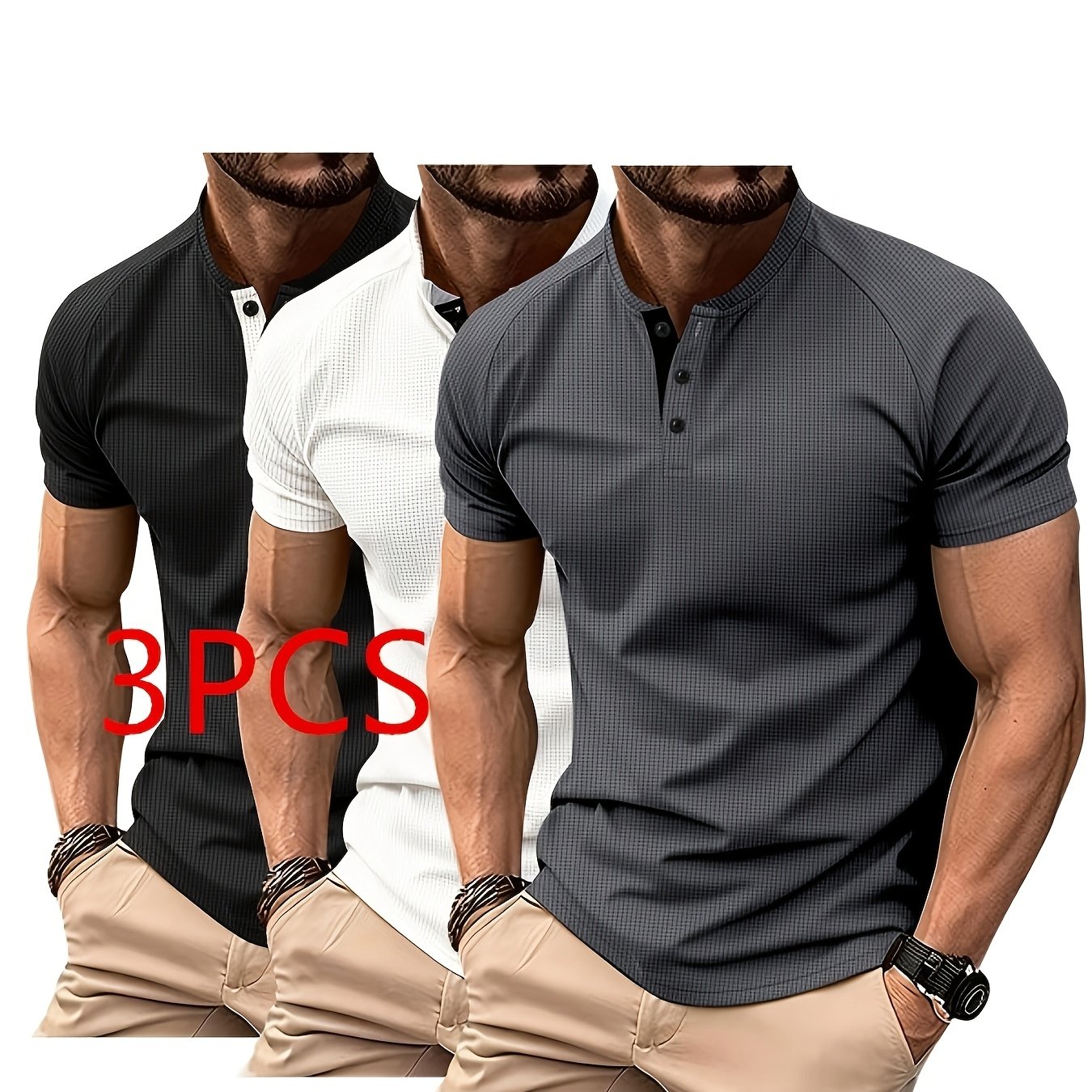 TEMU 3pcs Men' Color Waffle Herringbone Knit Henley Shirt, Henley T-shirt For Men With