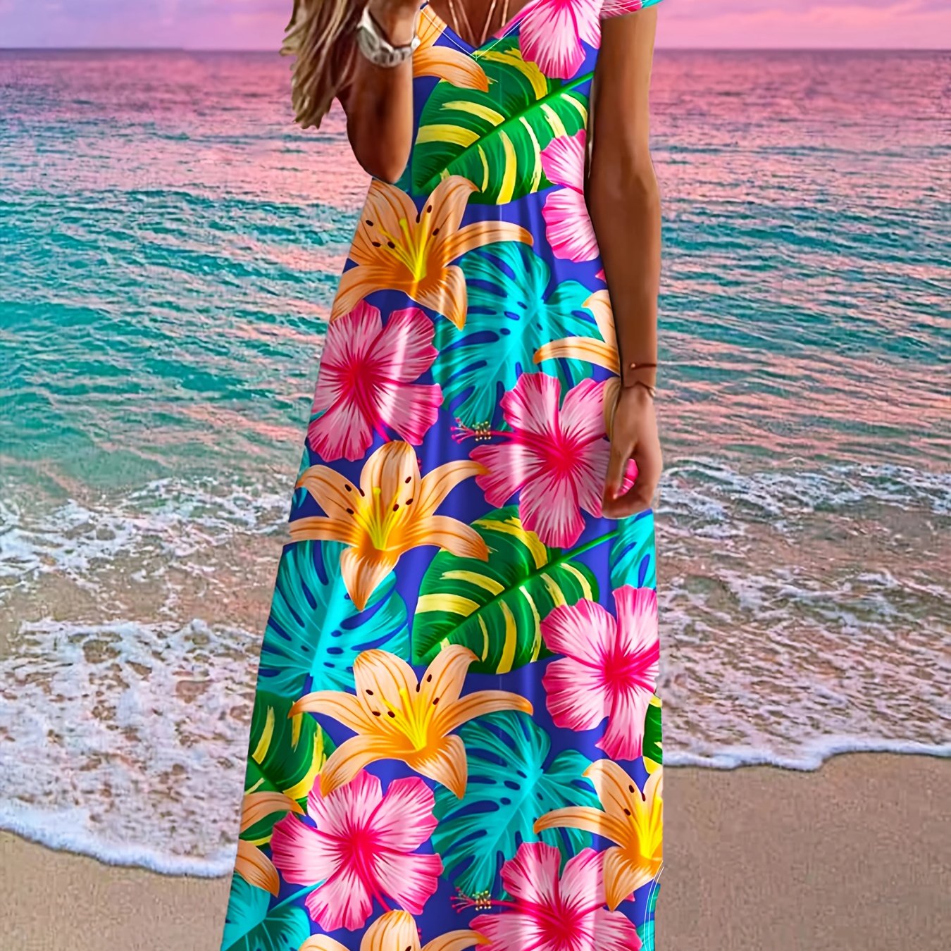 Image of Women's -line Tropical Leaf Print V-neck Maxi/dress - Short Sleeve Summer Dress With Green & Full-body Foliage, Machine Washable Elegant Wedding Guest Dress For - Wear (non-)