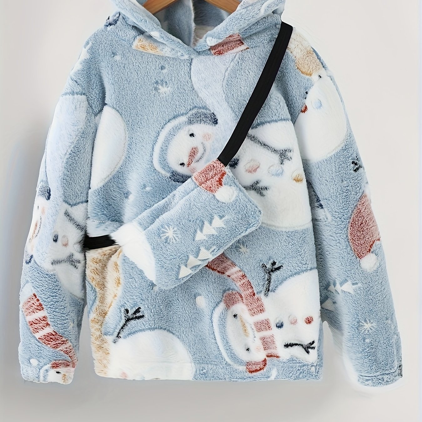 Image of Girls' Fashion Cute Snowman Print Plush Sweatshirt Outfit With Bag