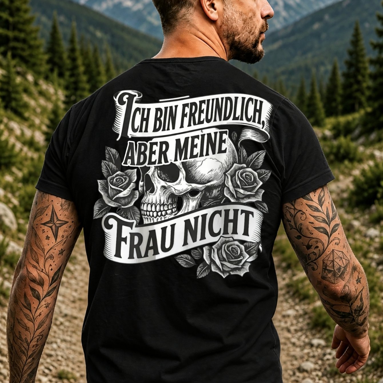 Men's Funny German Marriage Humor T-shirt - "friendly But My Wife Not" Back Print With Skull & Roses, German Quote, Casual Round Neck Tee Suitable For Husband Gifts, Casual Attire, Machine Washable