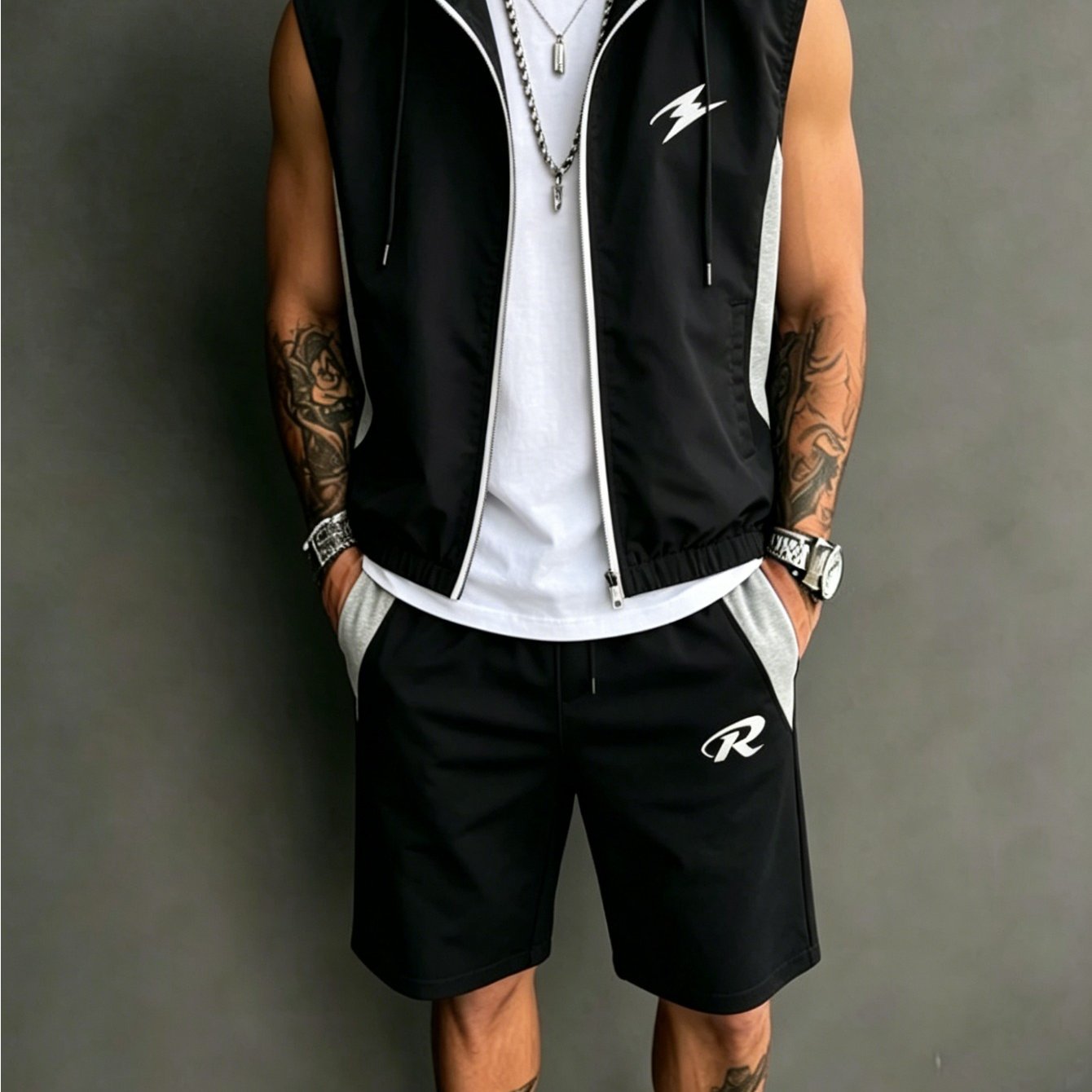 Image of New Style Men's Casual Two-piece Set Hooded Sleeveless Top And Color-block Shorts, Black And Gray With Lightning And , Sporty Outfit, Plus Sizes For Summer Daily Wear