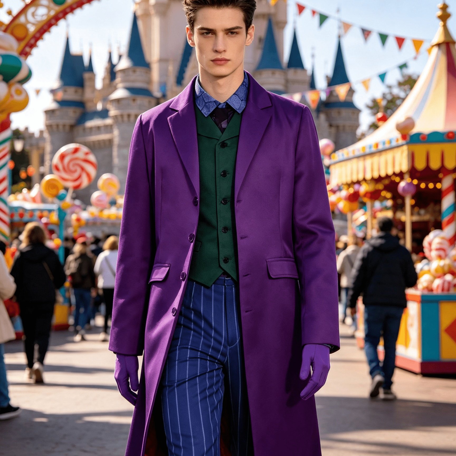TEMU Halloween Costume Men Purple Clown 7pcs Halloween Cosplay Outfit, Long, Vest, Shirt, Striped Pants, Tie, Gloves Set, Free Colorful Clown Wig For