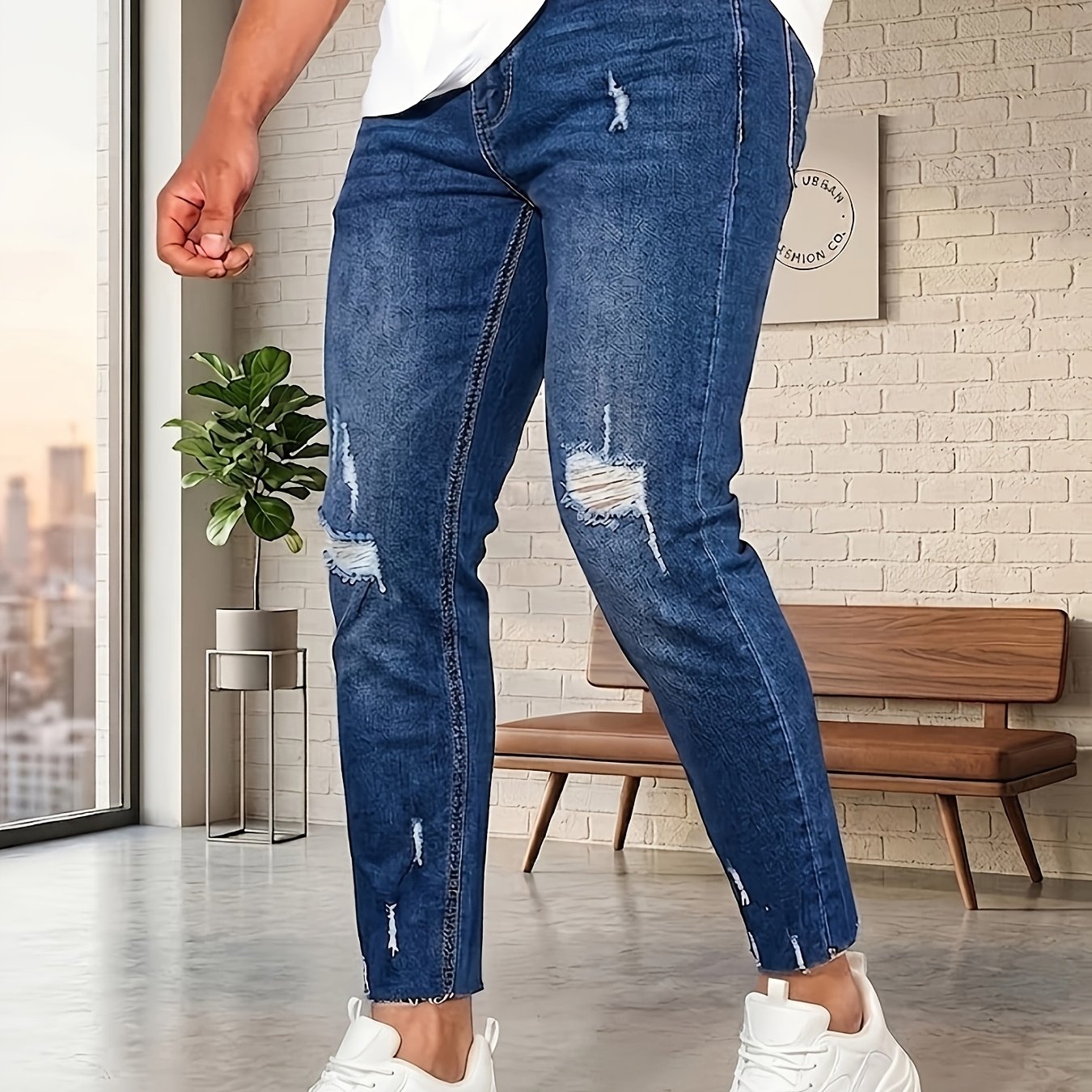 Men's Casual Skinny Fit Distressed Jeans, Men's Versatile Street Style Denim Pants, Medium Stretch, Comfortable And Durable