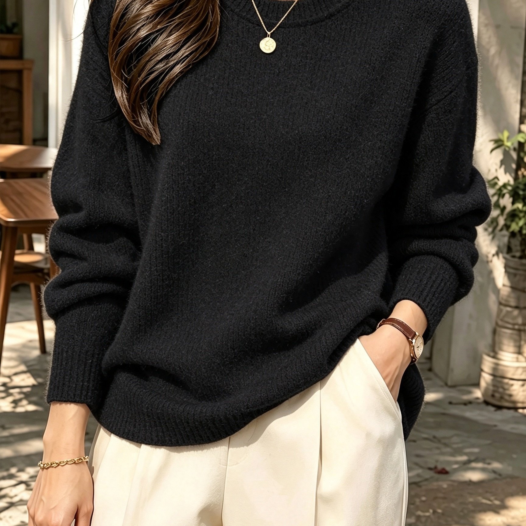 TEMU Plus Size Women' Color Sweater, Round Neck Loose Long Sleeve Pullover, Fashionable And Versatile Casual Top