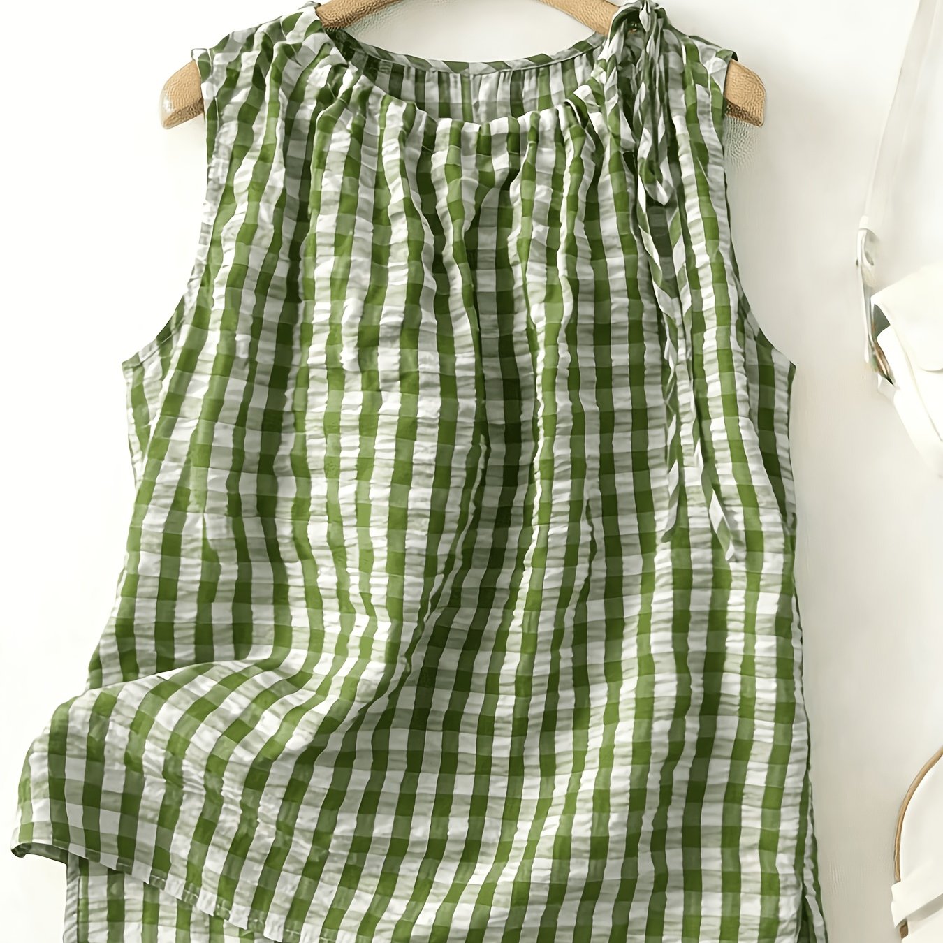 TEMU Plus Size, New Summer Plaid Top, Plus Size Women's Loose Fit Shirt, Round Neck Pullover With Tie, Sleeveless Fresh And Simple Blouse