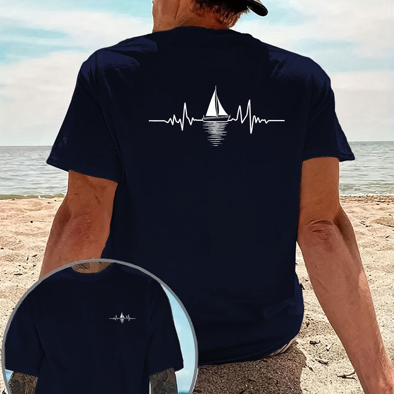 TEMU 's Casual T-shirt With A Creative Featuring An Ecg-style Sailboat Silhouette. This Simple And Artistic Short-sleeve Tee For Nautical Enthusiasts