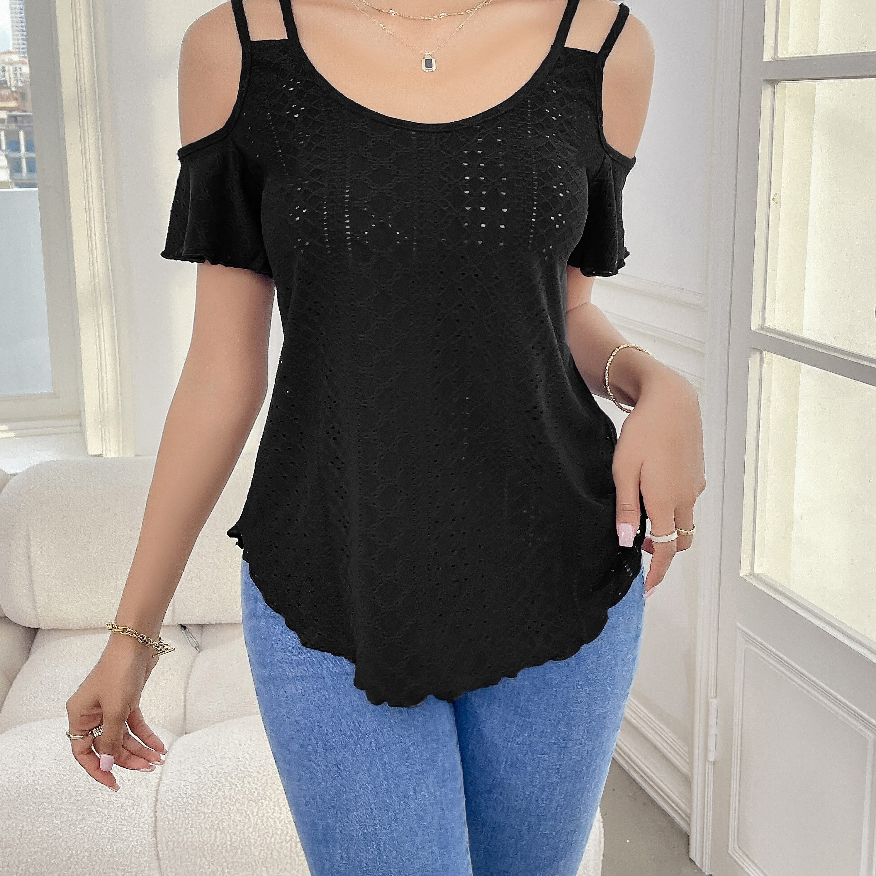 TEMU Camiseta con Hendiduras en los Hombros y Bordado