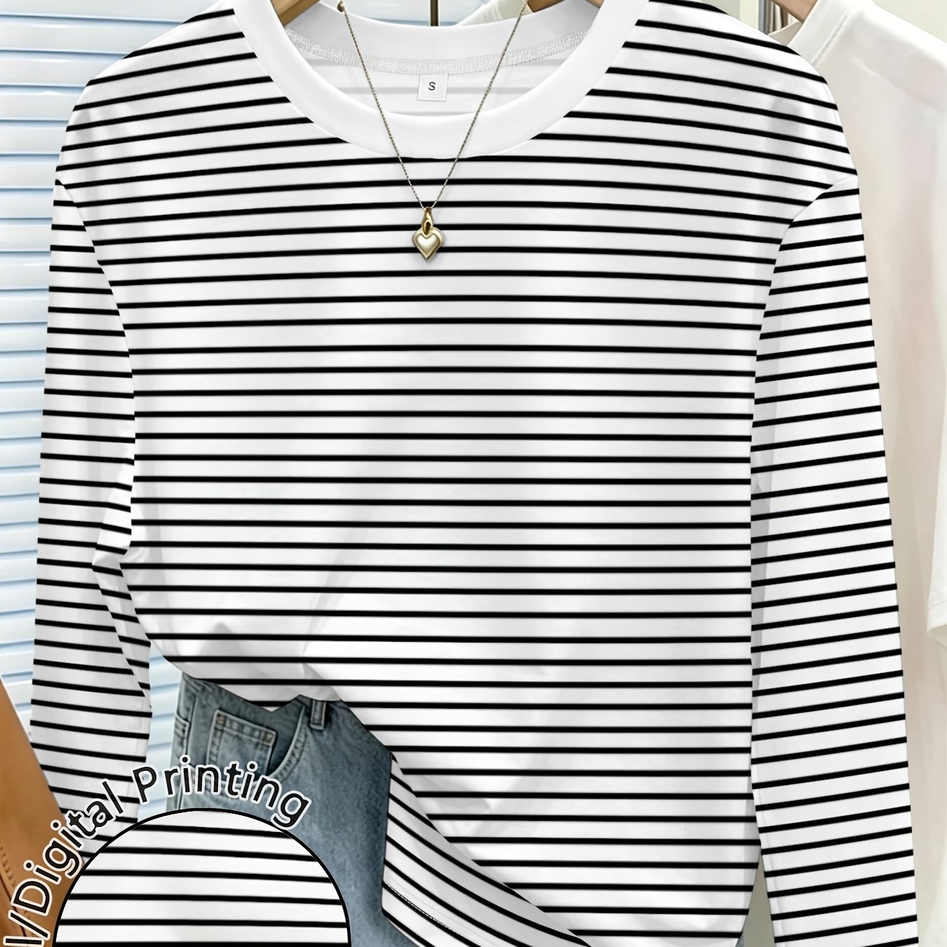 TEMU [printed Design - Not Textured] Black And White Striped Women's Printed Crew Neck Long Sleeve T-shirt