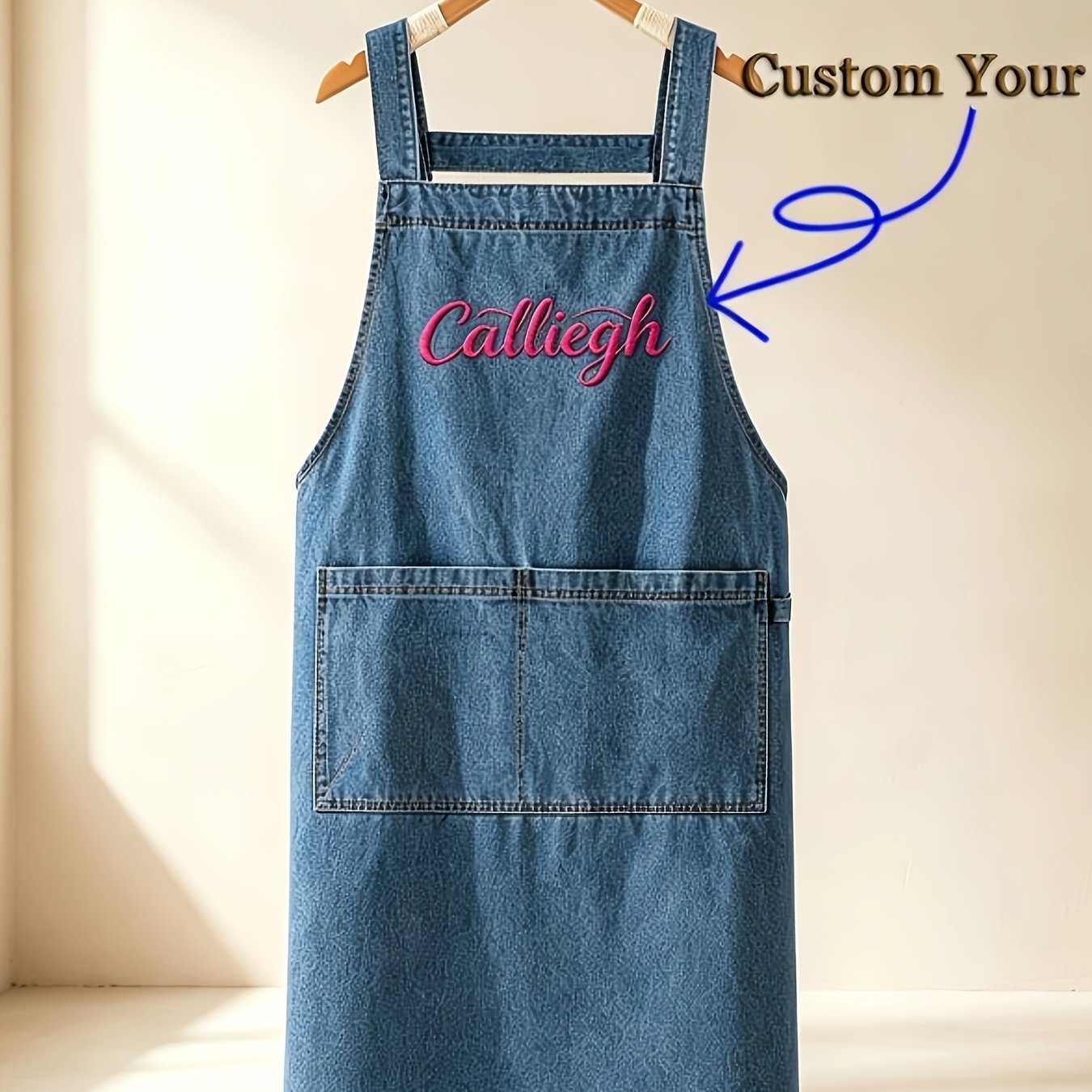 TEMU Custom Embroidered Name Denim Apron, Multi-pocket Workwear, Adjustable Shoulder Strap Unisex Gardening Kitchen Painting Handmade Bib, Practical