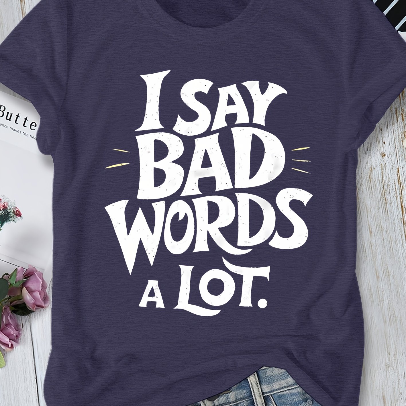 TEMU Women's Elegant Size Loose Short Sleeve "i Say Bad Words " Fun Text Print Round Neck Casual Sports T-shirt, Suitable For Spring, Summer, Autumn,